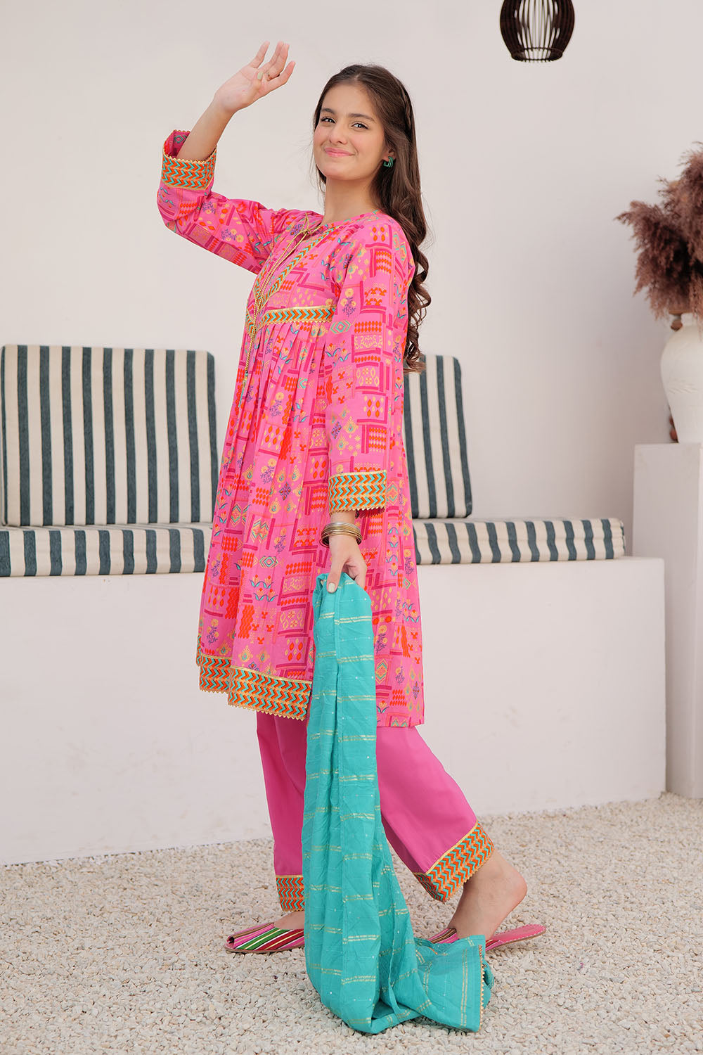 GBD-03034 | Shocking Pink & Multicolor | Casual Plus 3 Piece Suit | Cotton Gold Lawn Printed