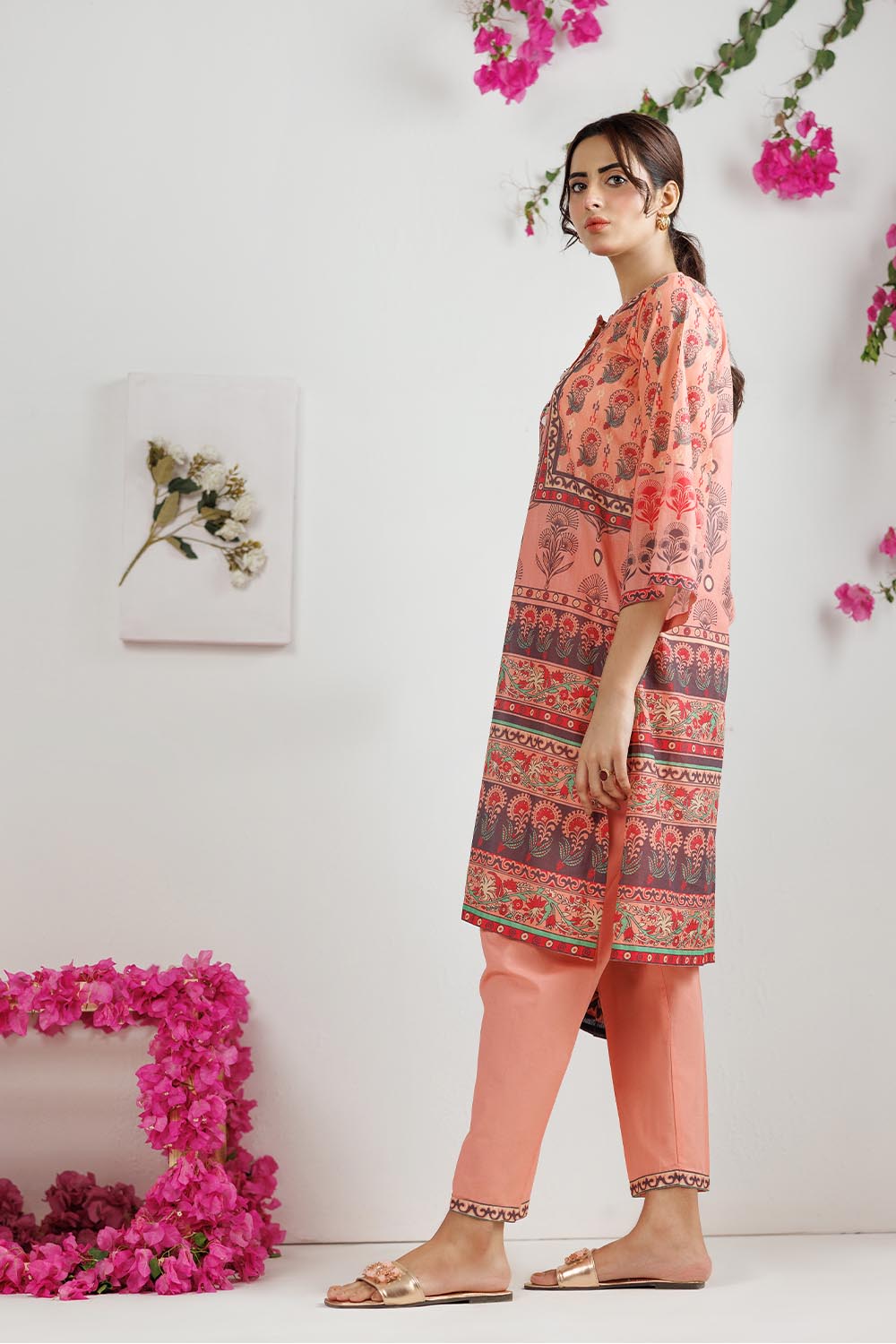 LAD-03011 | Peach & Multicolor | Casual 3 Piece Suit | Cotton  Lawn Printed
