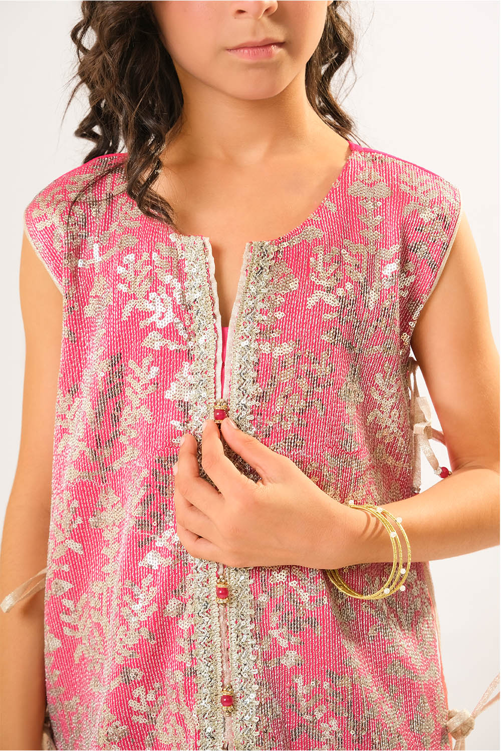 Kids formal clothes | Shocking Pink & Fawn | Formal 3 Piece Suit | Viscose Chiffon & Organza | KDD-03056