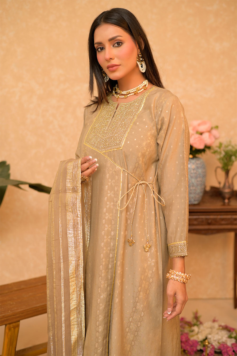 LBD-02868 | Beige & Gold | Casual Plus 3 Piece Suit | Cotton Viscose Filament Jacquard