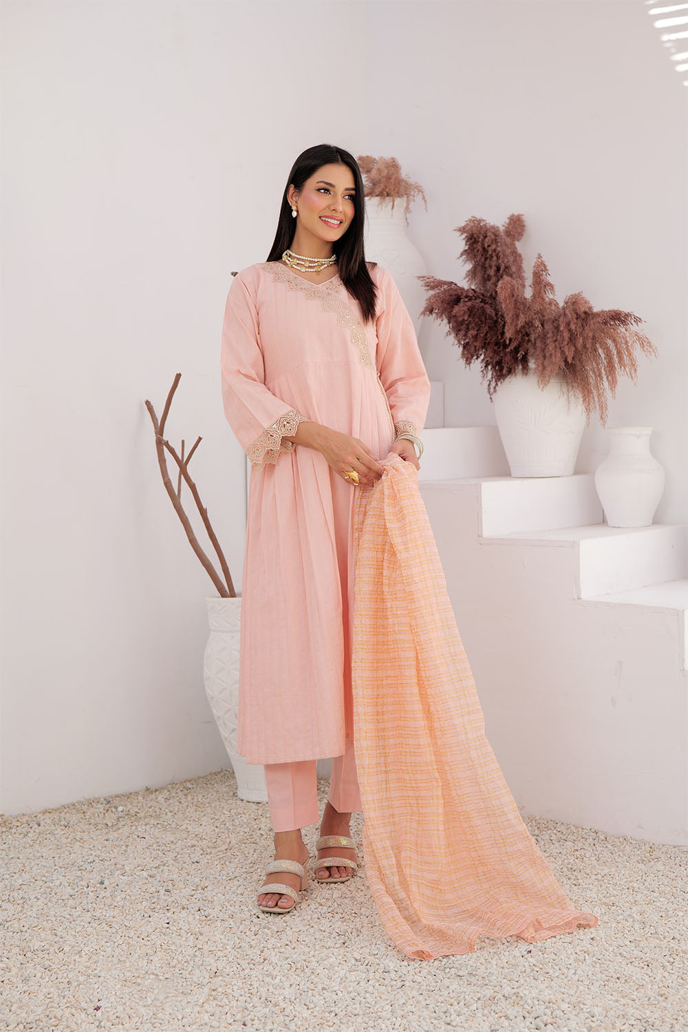 LBD-02972 | Peach & Gold | Casual Plus 3 Piece Suit | Cotton Dobby