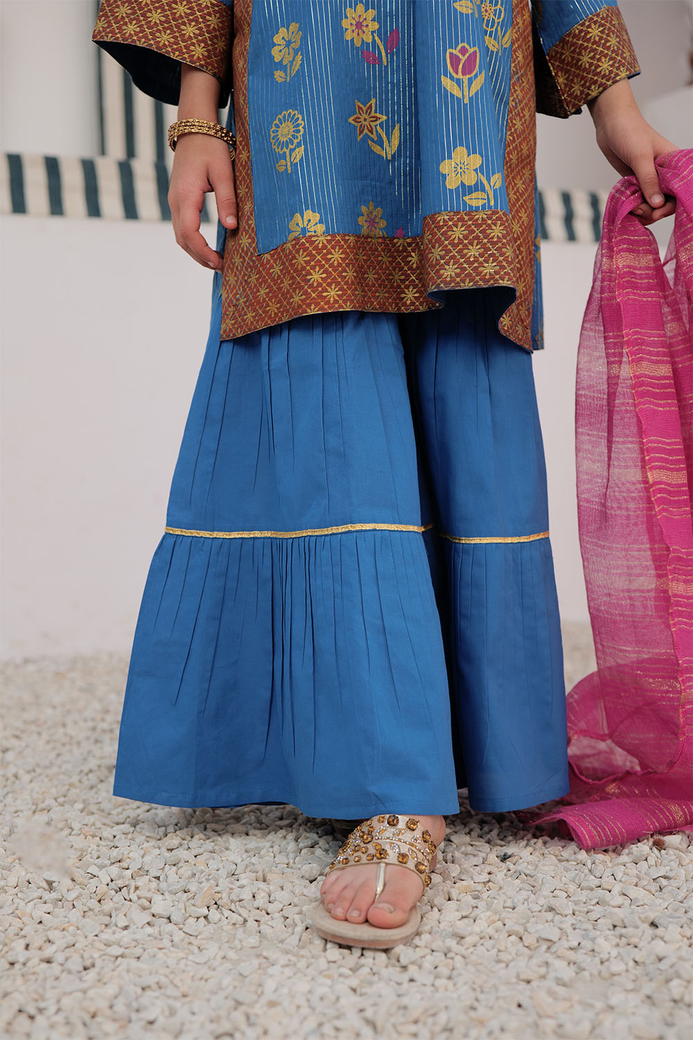 KBD-03035 | Blue & Multicolor | Casual Plus 3 Piece Suit | Cotton Dye Over Gold Printed