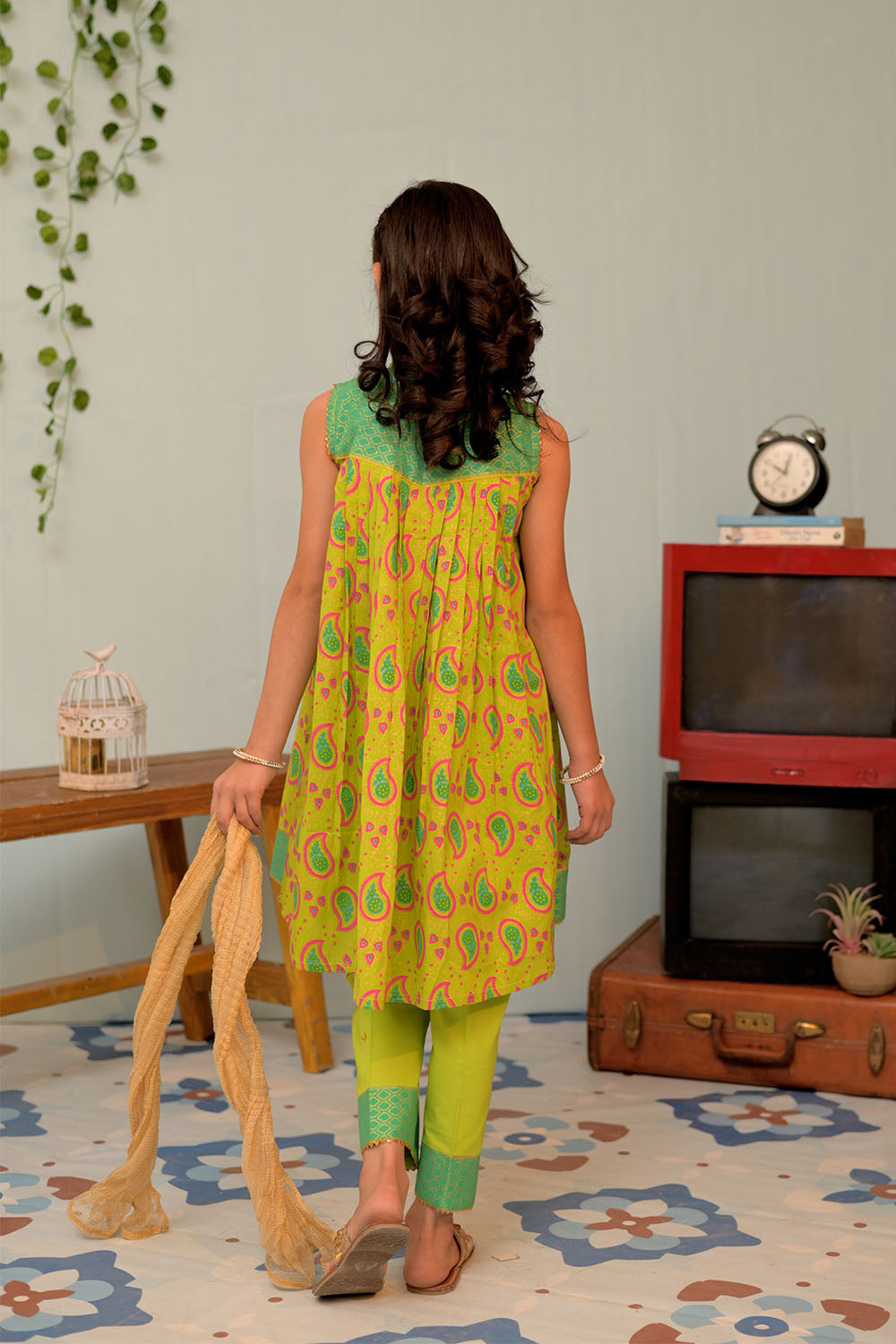 KBD-02956 | Parrot Green & Multicolor | Casual Plus 3 Piece Suit | Cotton Gold Lawn Print