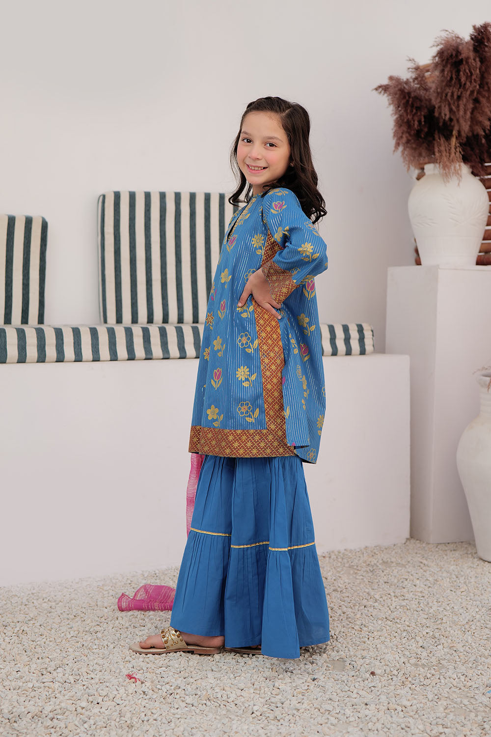 KBD-03035 | Blue & Multicolor | Casual Plus 3 Piece Suit | Cotton Dye Over Gold Printed