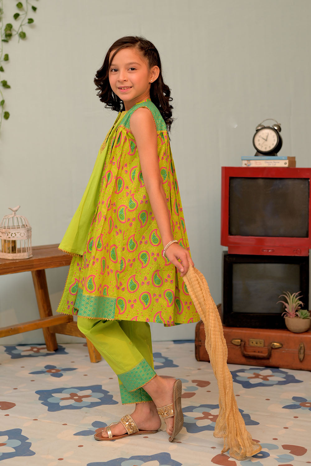 KBD-02956 | Parrot Green & Multicolor | Casual Plus 3 Piece Suit | Cotton Gold Lawn Print