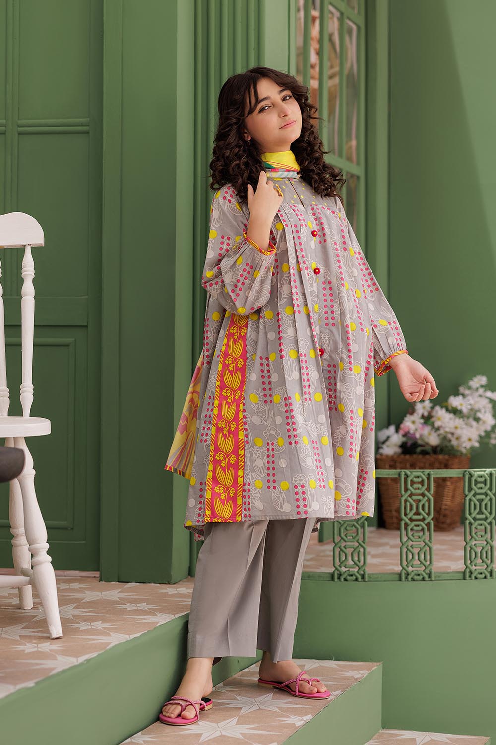 GAD-03045 | Grey & Multicolor | Casual 3 Piece Suit | Cotton Lawn Printed