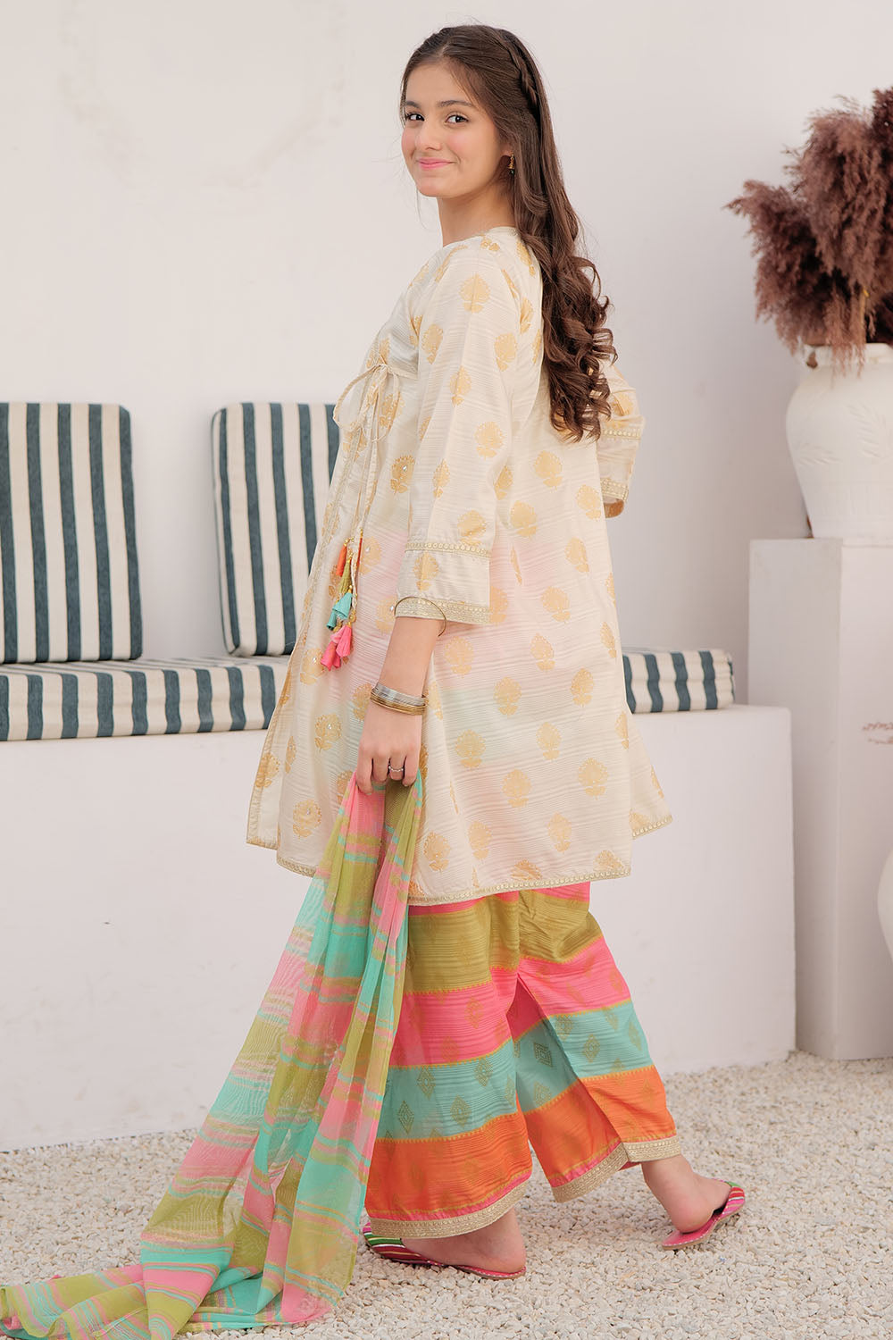 GDD-02849 | Fawn & Multicolor | Formal 3 Piece Suit | Taser Silk