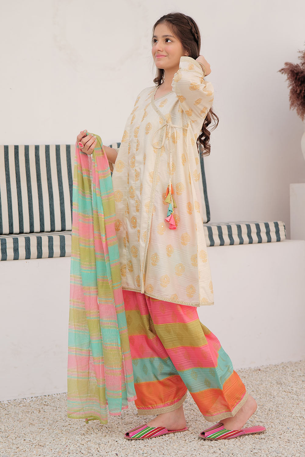GDD-02849 | Fawn & Multicolor | Formal 3 Piece Suit | Taser Silk