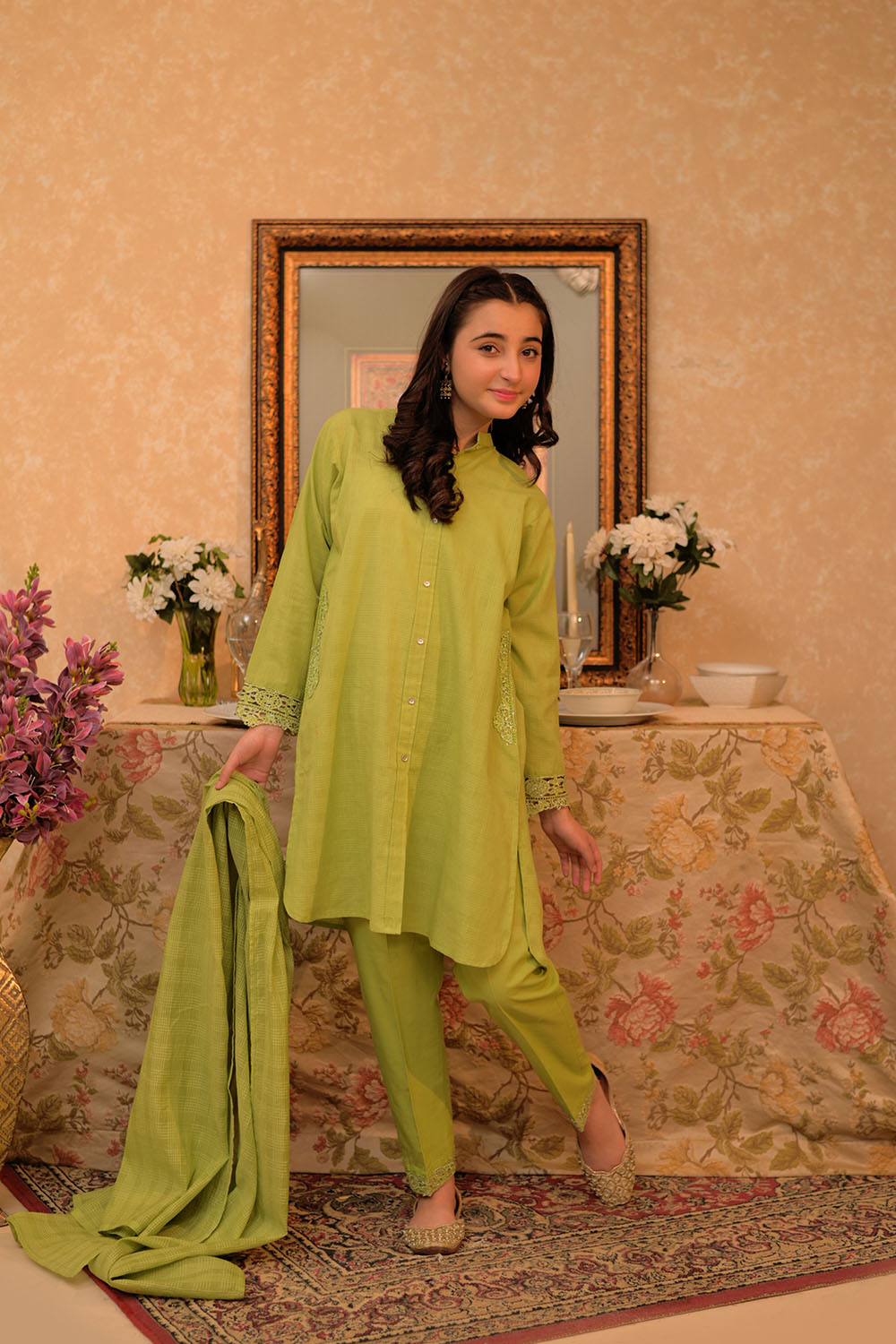GAD-02908 | Parrot Green | Casual 3 Piece Suit | Cotton Self dobby