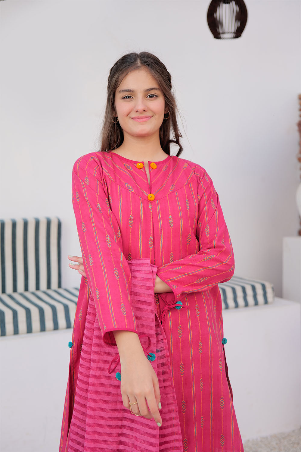 GAD-02989 | Shocking Pink & Multicolor | Casual 3 Piece Suit | Cotton Yarn dyed Jacquard