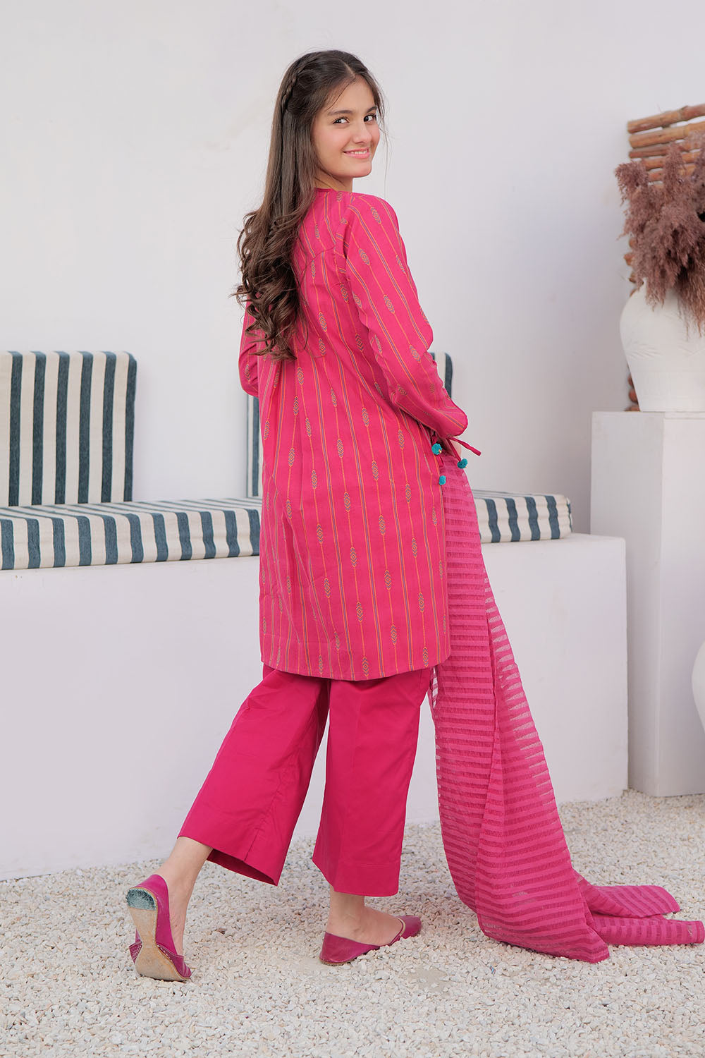 GAD-02989 | Shocking Pink & Multicolor | Casual 3 Piece Suit | Cotton Yarn dyed Jacquard