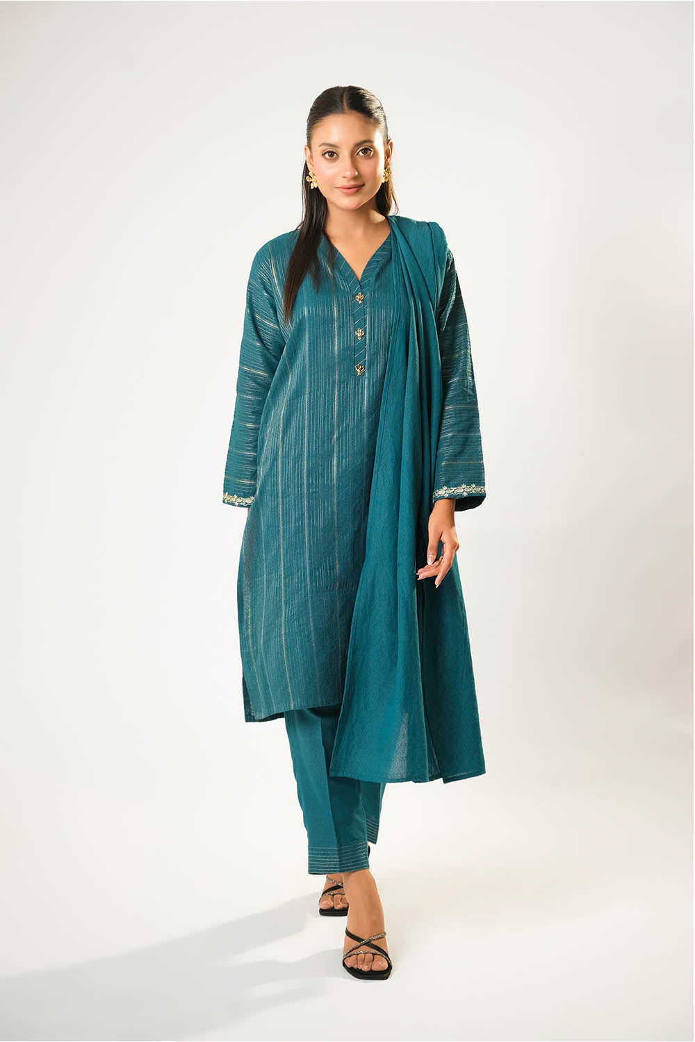 Women winter clothes | Turquoise Blue & Silver  | Casual 3 Piece Suit | Cotton Karandi Dobby  | LAD-03212