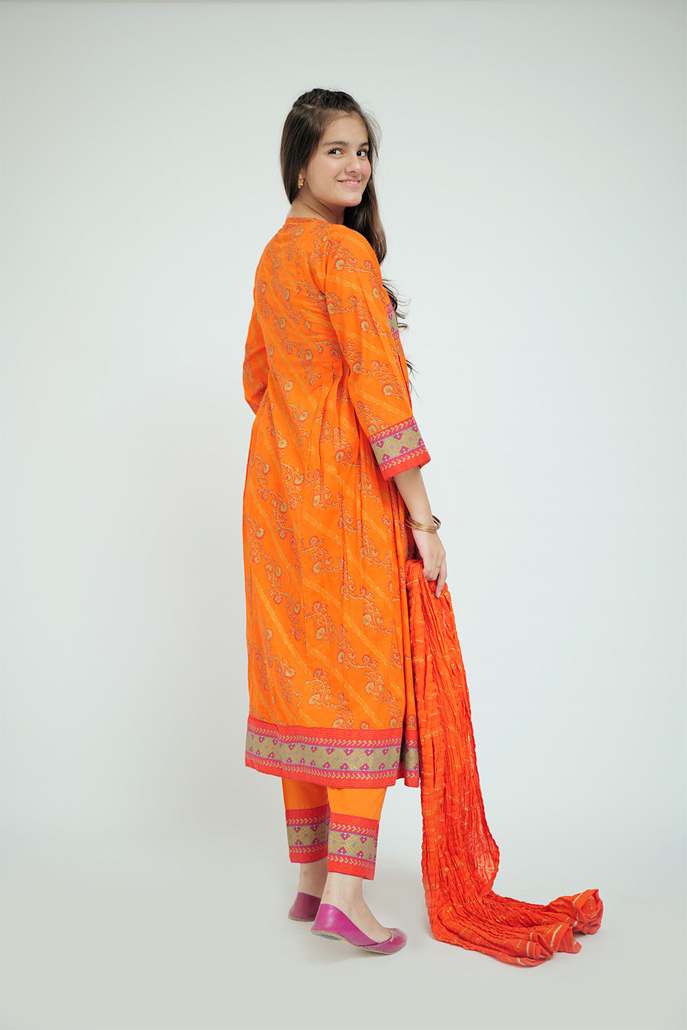 GBD-02649 | Orange & Gold | Casual Plus 3 Piece Suit  | Cotton Lawn Printed