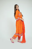 GBD-02649 | Orange & Gold | Casual Plus 3 Piece Suit  | Cotton Lawn Printed