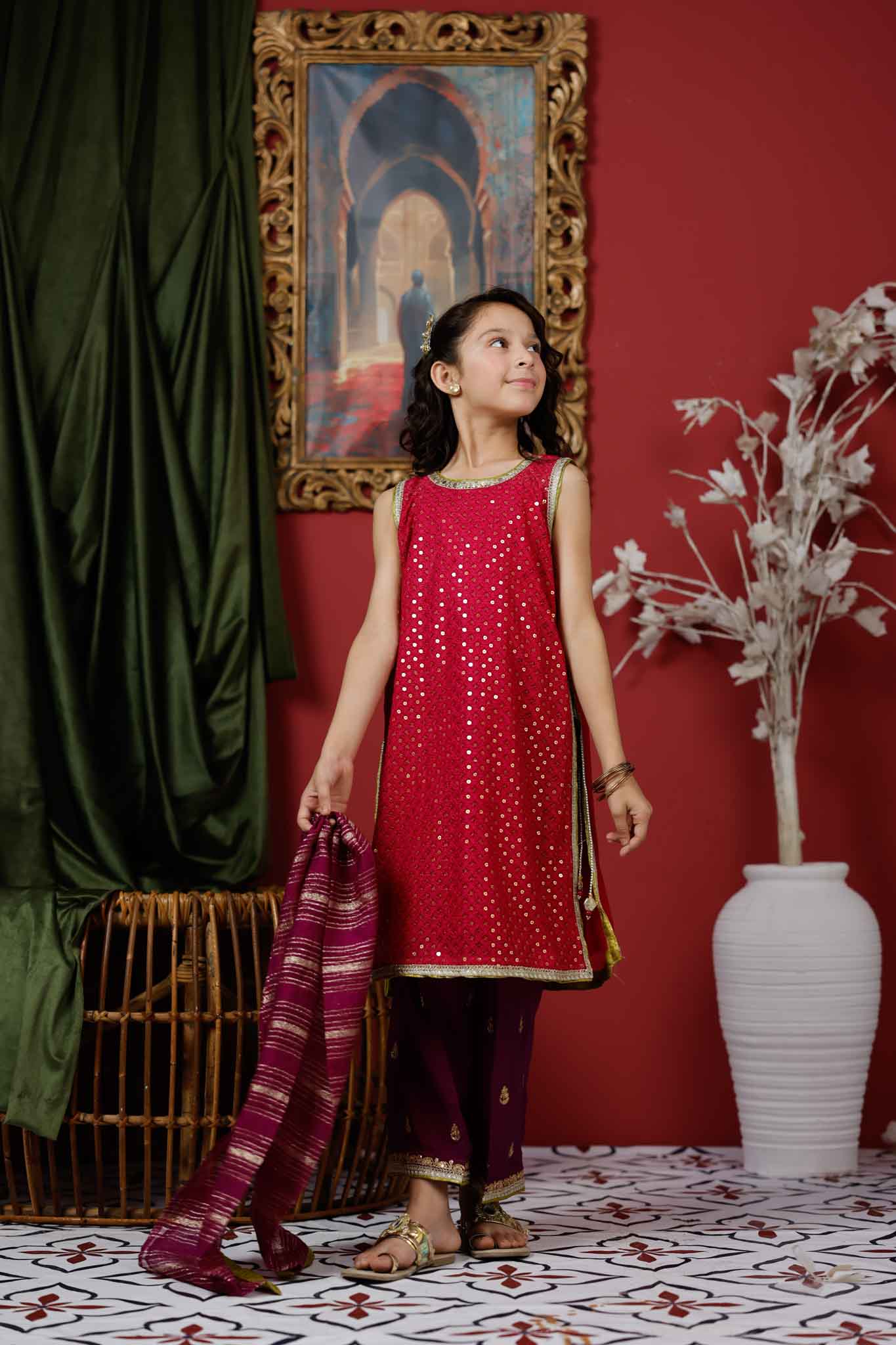 KDD-03050 | Shocking Pink & Pruple | Formal 3 Piece Suit | Viscose Crinkle Chiffon