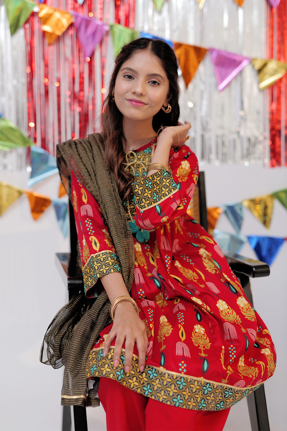 GBD-02530 | Red & Gold | Casual Plus 3 Piece Suit  | Cotton Gold Print Lawn