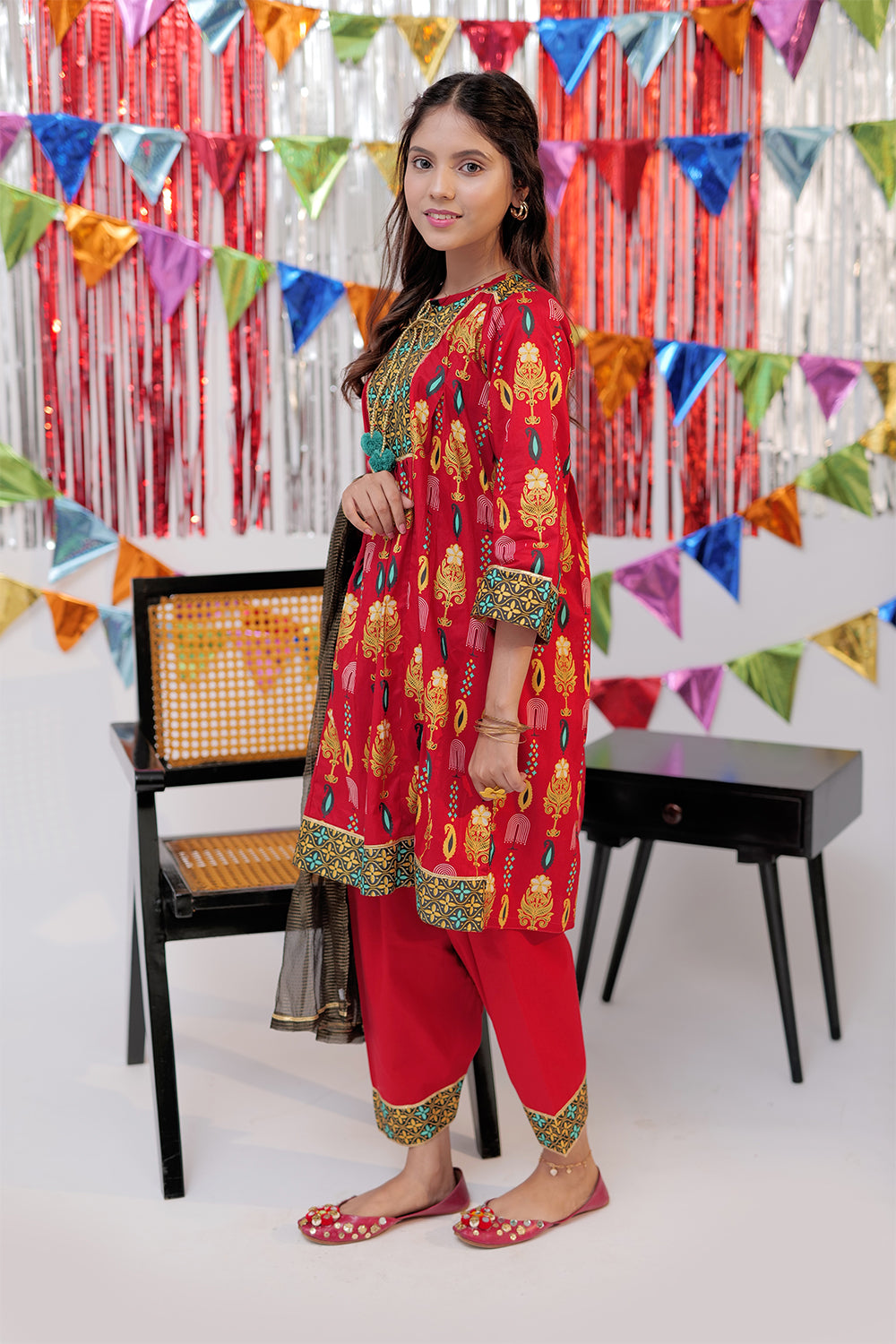 GBD-02530 | Red & Gold | Casual Plus 3 Piece Suit  | Cotton Gold Print Lawn