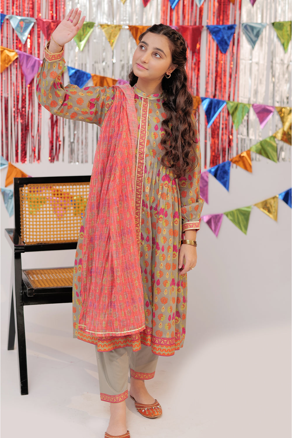 GBD-02610 | Grey & Multicolor | Casual Plus 3 Piece Suit  | Cotton Gold Print Lawn