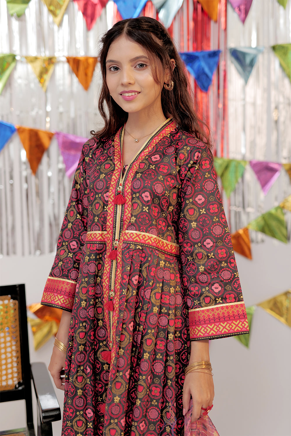 GBD-02557 | Black & Multicolor | Casual Plus 3 Piece Suit  | Cotton Gold Print Lawn