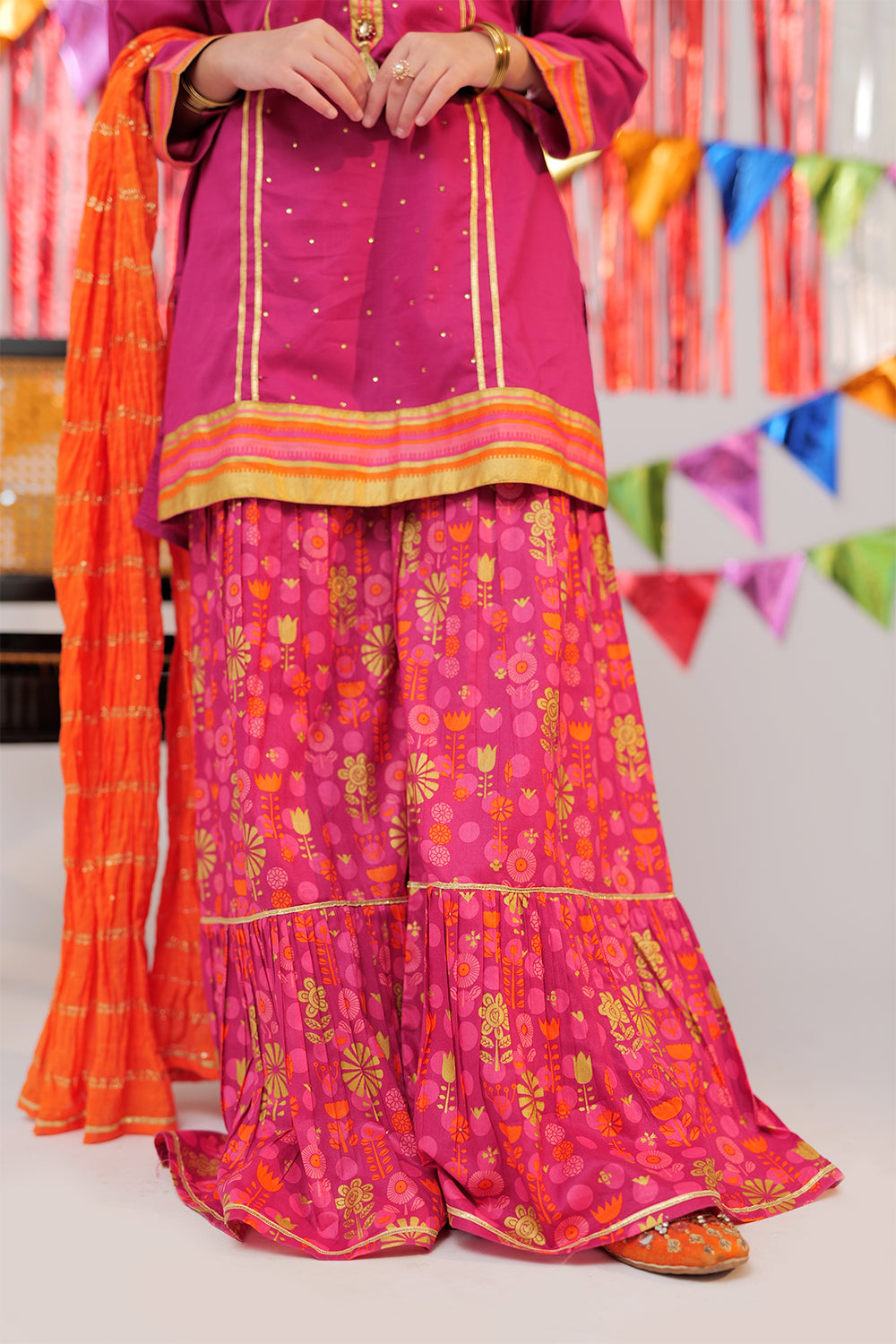 GBD-02556 | Shocking Pink & Multicolor | Casual Plus 3 Piece Suit  | Cotton Gold Print Lawn