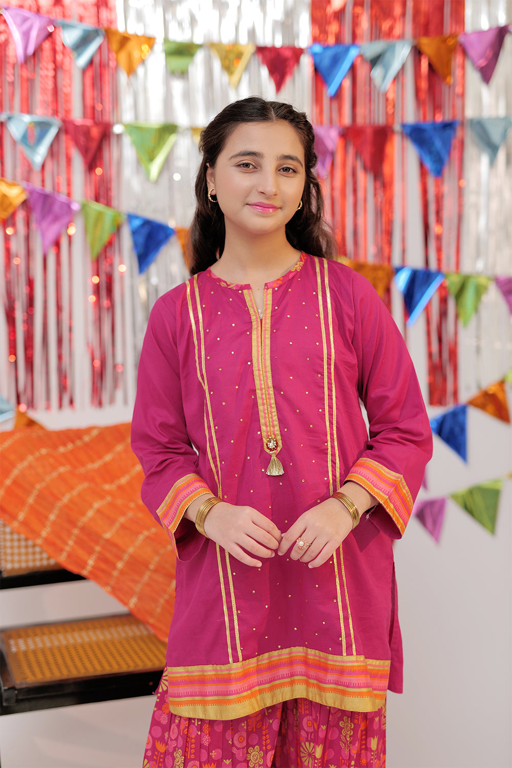 GBD-02556 | Shocking Pink & Multicolor | Casual Plus 3 Piece Suit  | Cotton Gold Print Lawn