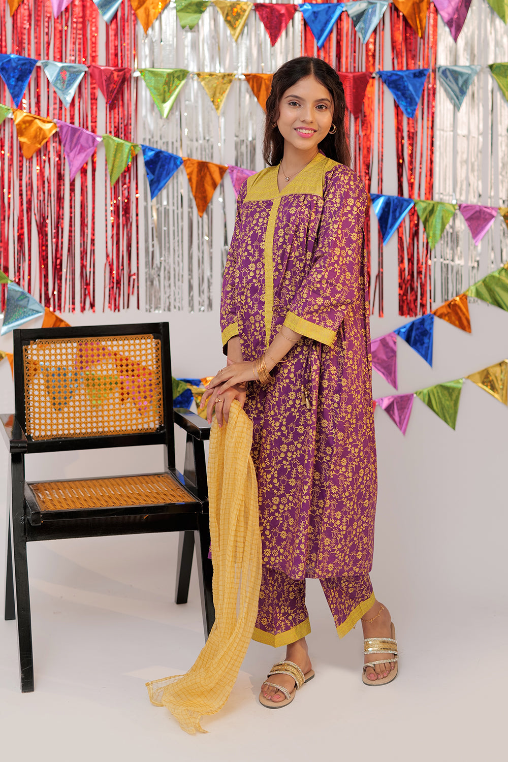 GBC-02527 | Purple & Gold | Casual Plus 3 Piece Suit  | Cotton Gold Print Lawn