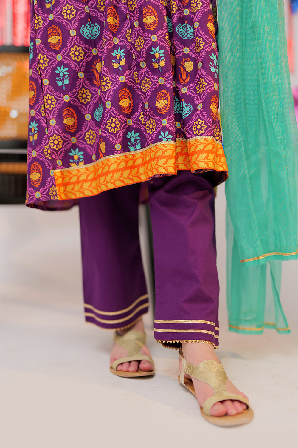 GBD-02529 | Purple & Gold | Casual Plus 3 Piece Suit  | Cotton Gold Print Lawn