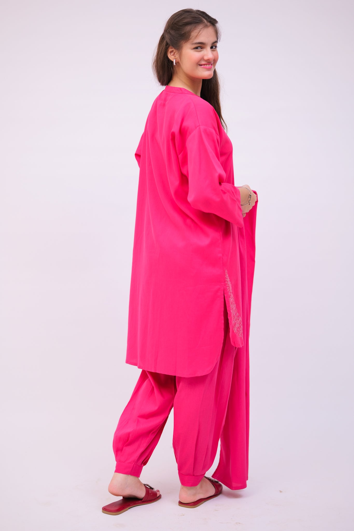 GAD-02736 | Shocking Pink | Casual 3 Piece Suit | Cotton Self Dobby