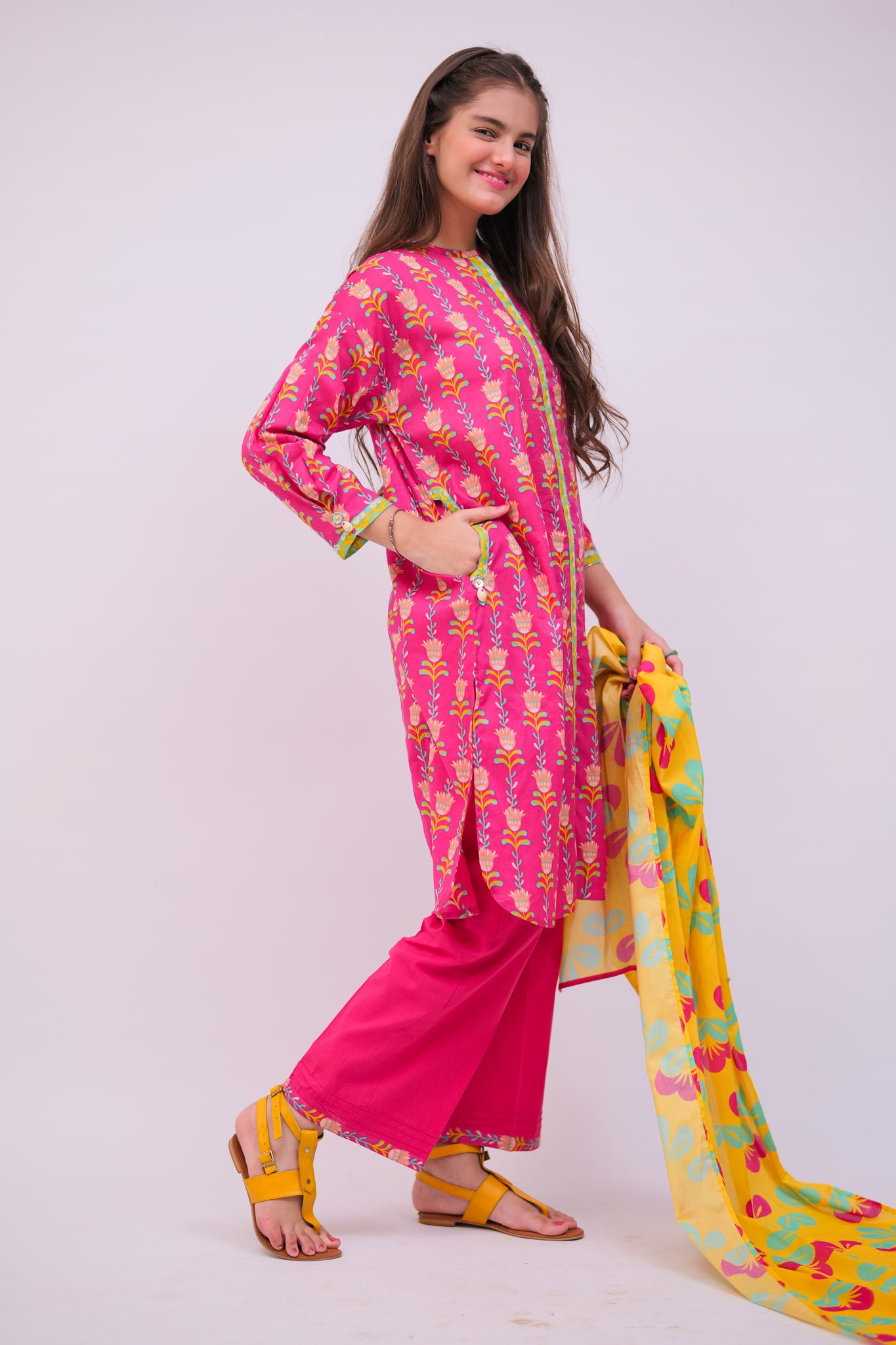 GAD-02748 | Shocking Pink & Multicolor | Casual 3 Piece Suit | Cotton  Lawn Printed