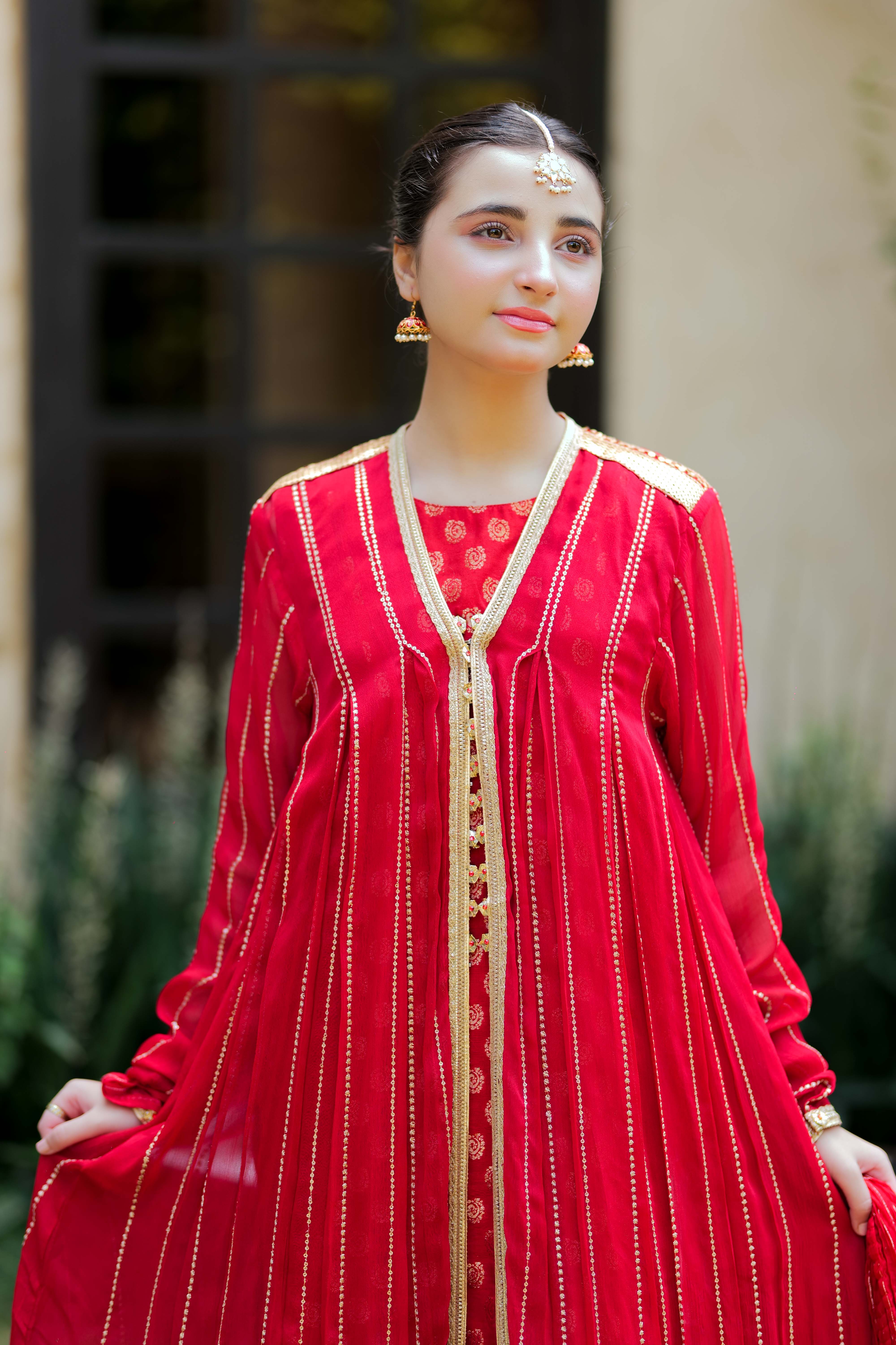 GDD-02812 | Red & Gold | Formal 3 Piece Suit | Viscose Crinkle Chiffon