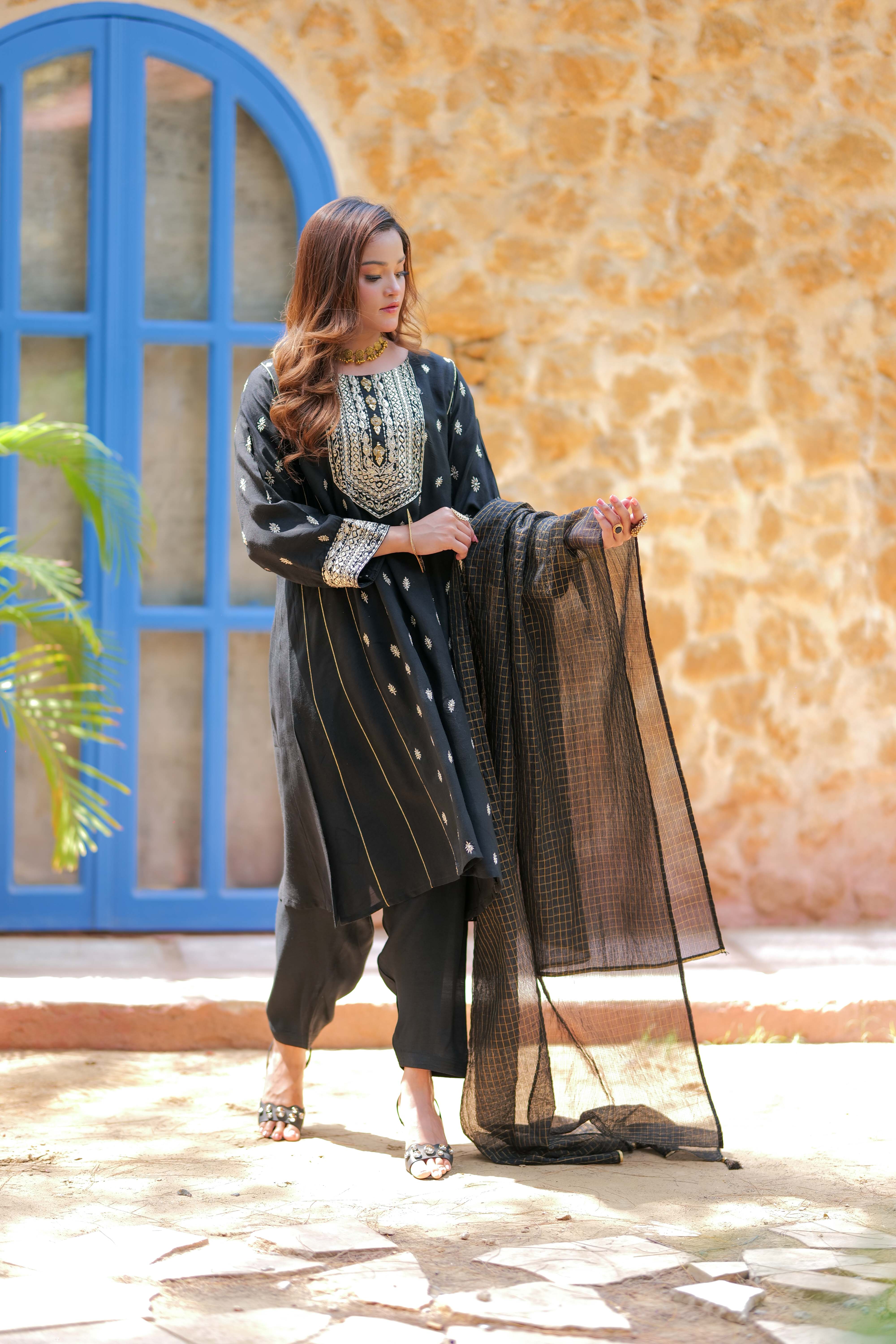 LDD-02741 | Black & Gold | Formal 3 Piece Suit | Viscose Raw Silk