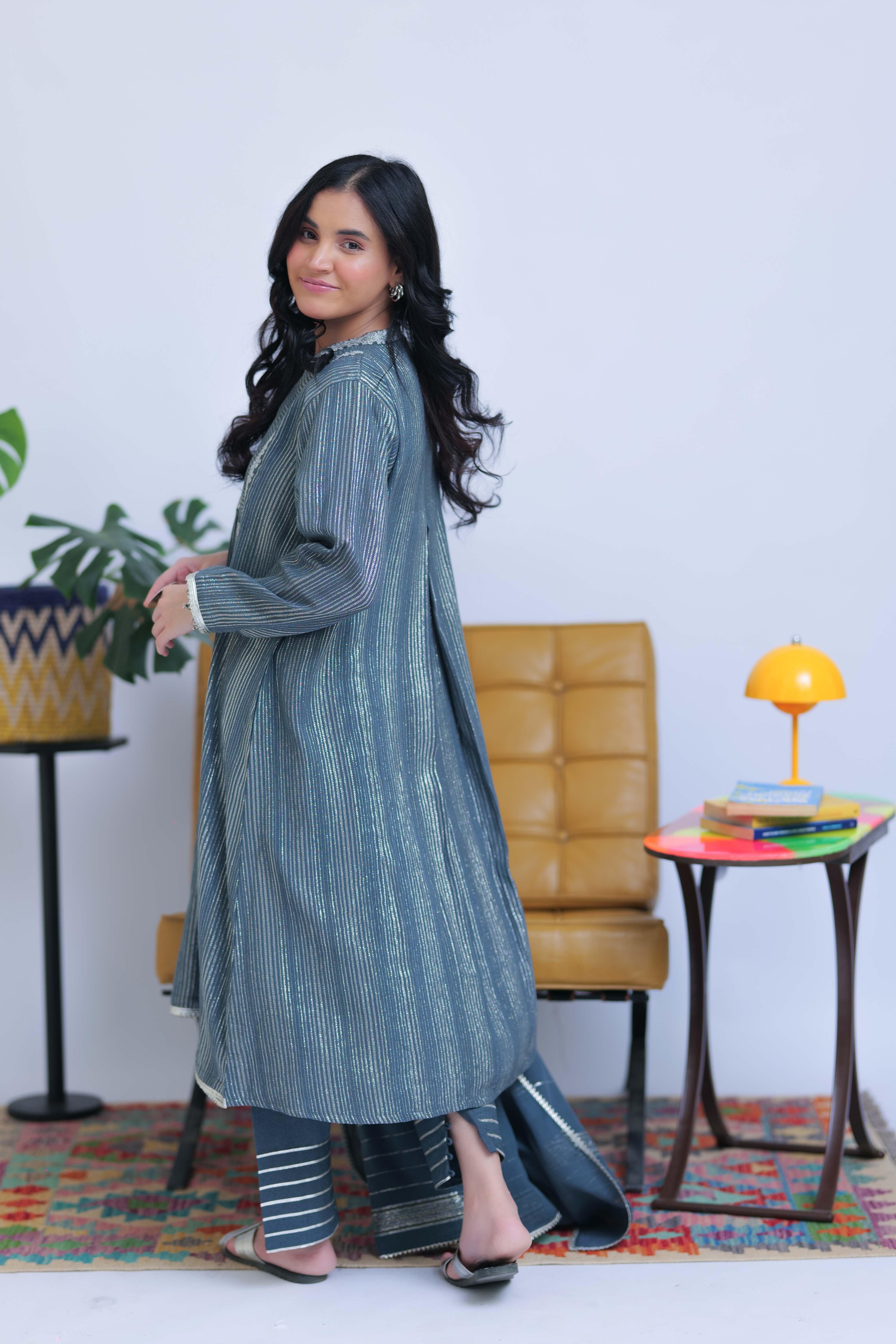 LAD-02833 | Grey & Silver | Casual 3 Piece Suit  | Karandi Fabric Dobby Jacquard
