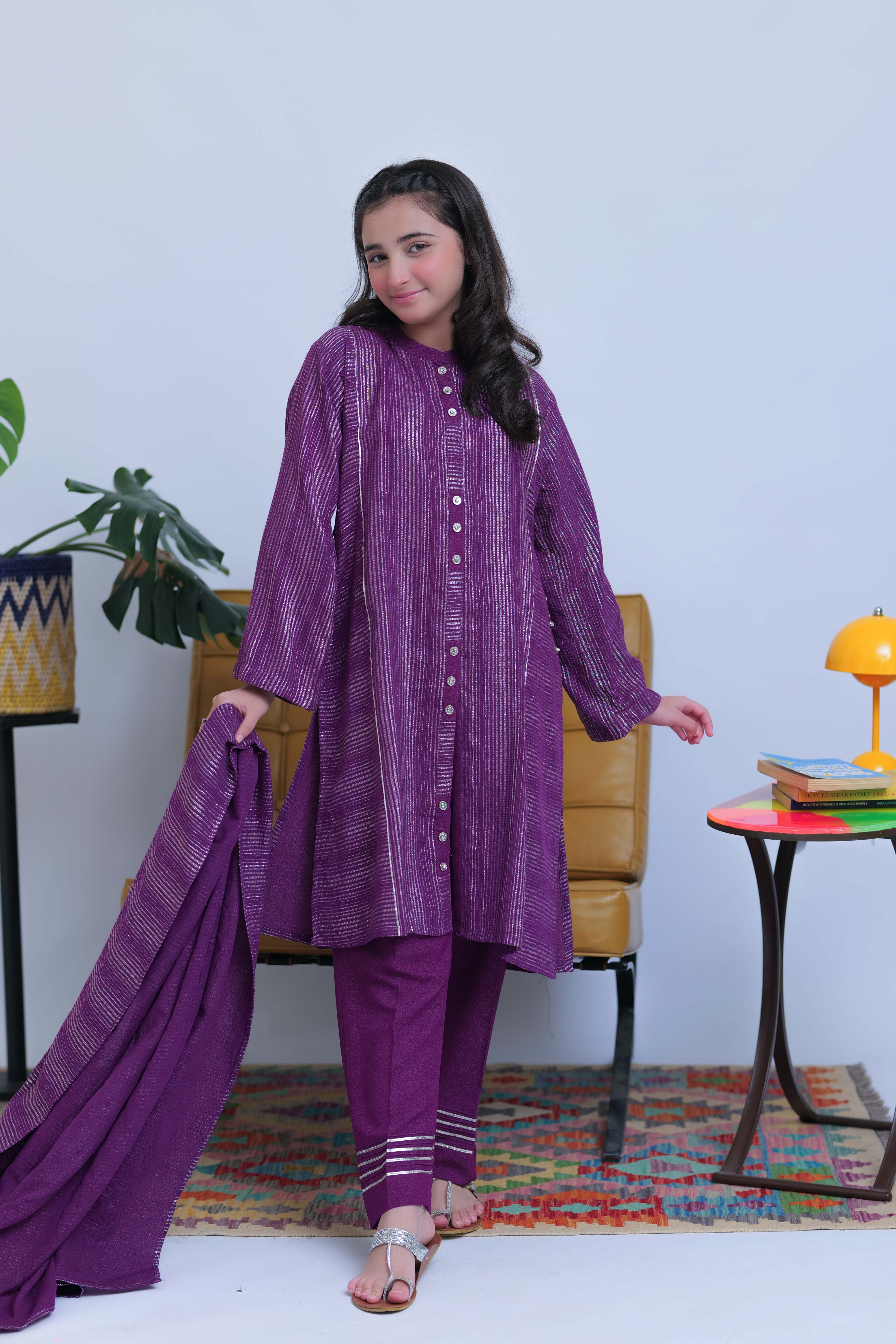 GAD-02830 | Purple & Silver | Casual 3 Piece Suit | Karandi Fabric Dobby Jacquard
