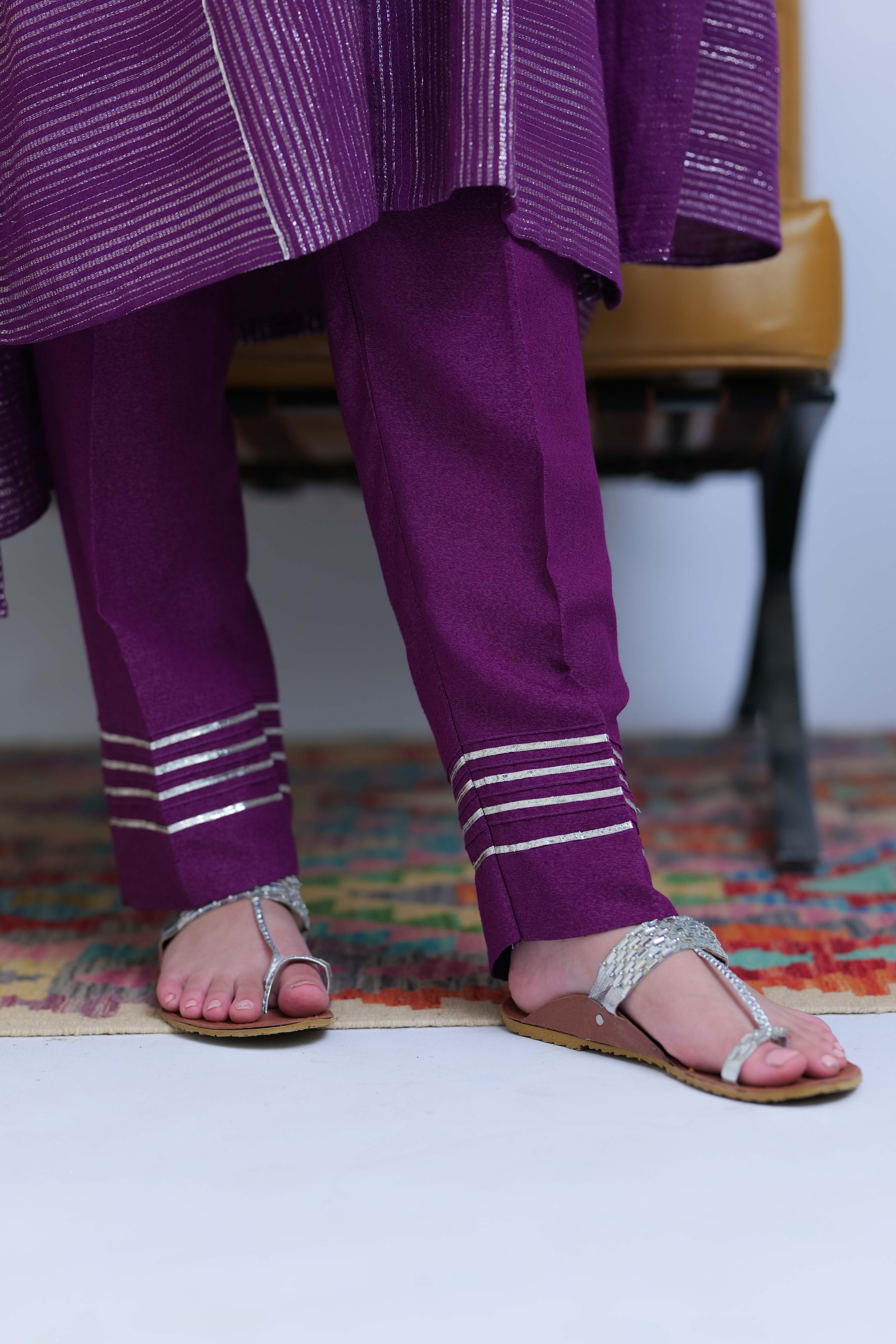 GAD-02830 | Purple & Silver | Casual 3 Piece Suit | Karandi Fabric Dobby Jacquard