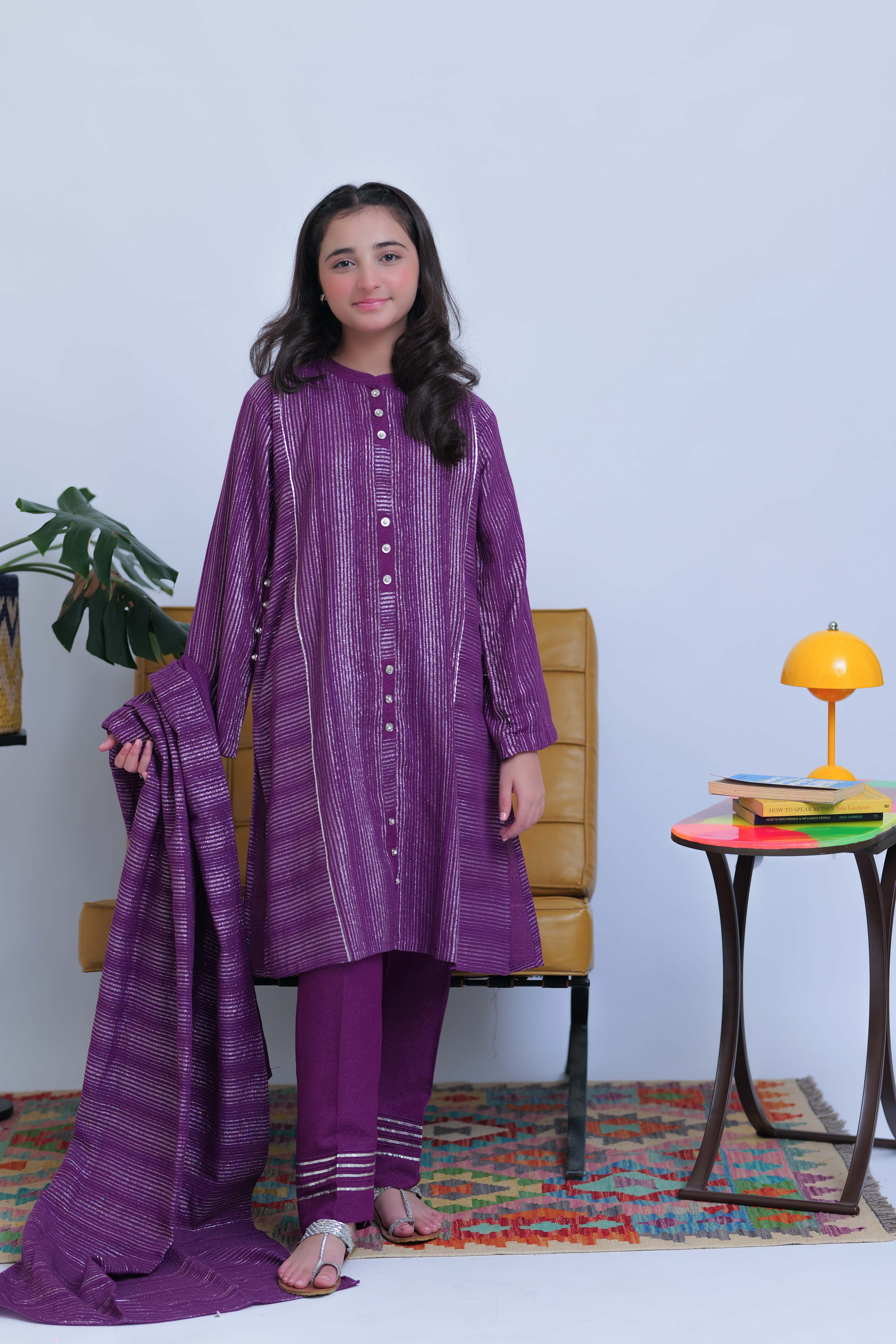 GAD-02830 | Purple & Silver | Casual 3 Piece Suit | Karandi Fabric Dobby Jacquard