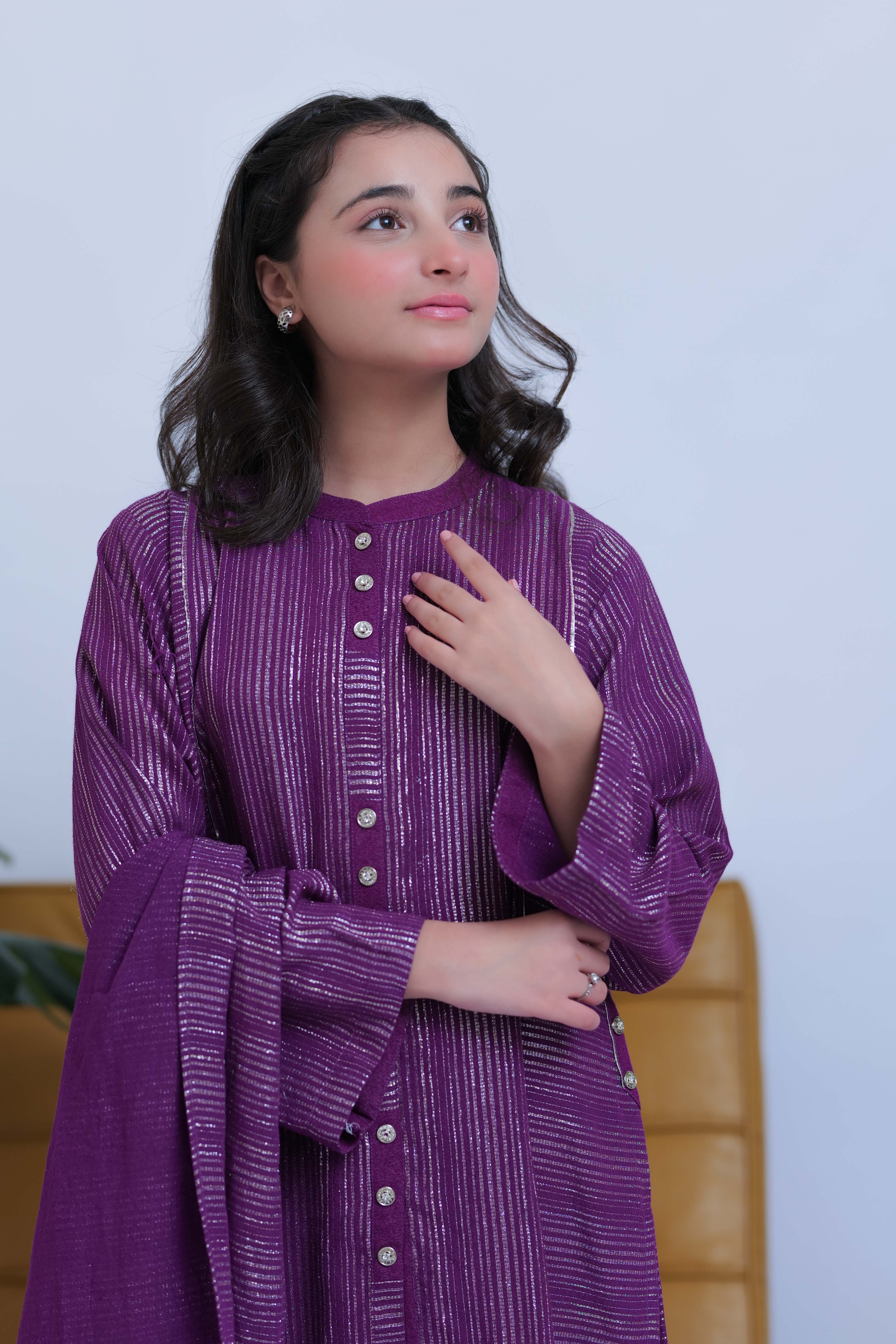 GAD-02830 | Purple & Silver | Casual 3 Piece Suit | Karandi Fabric Dobby Jacquard