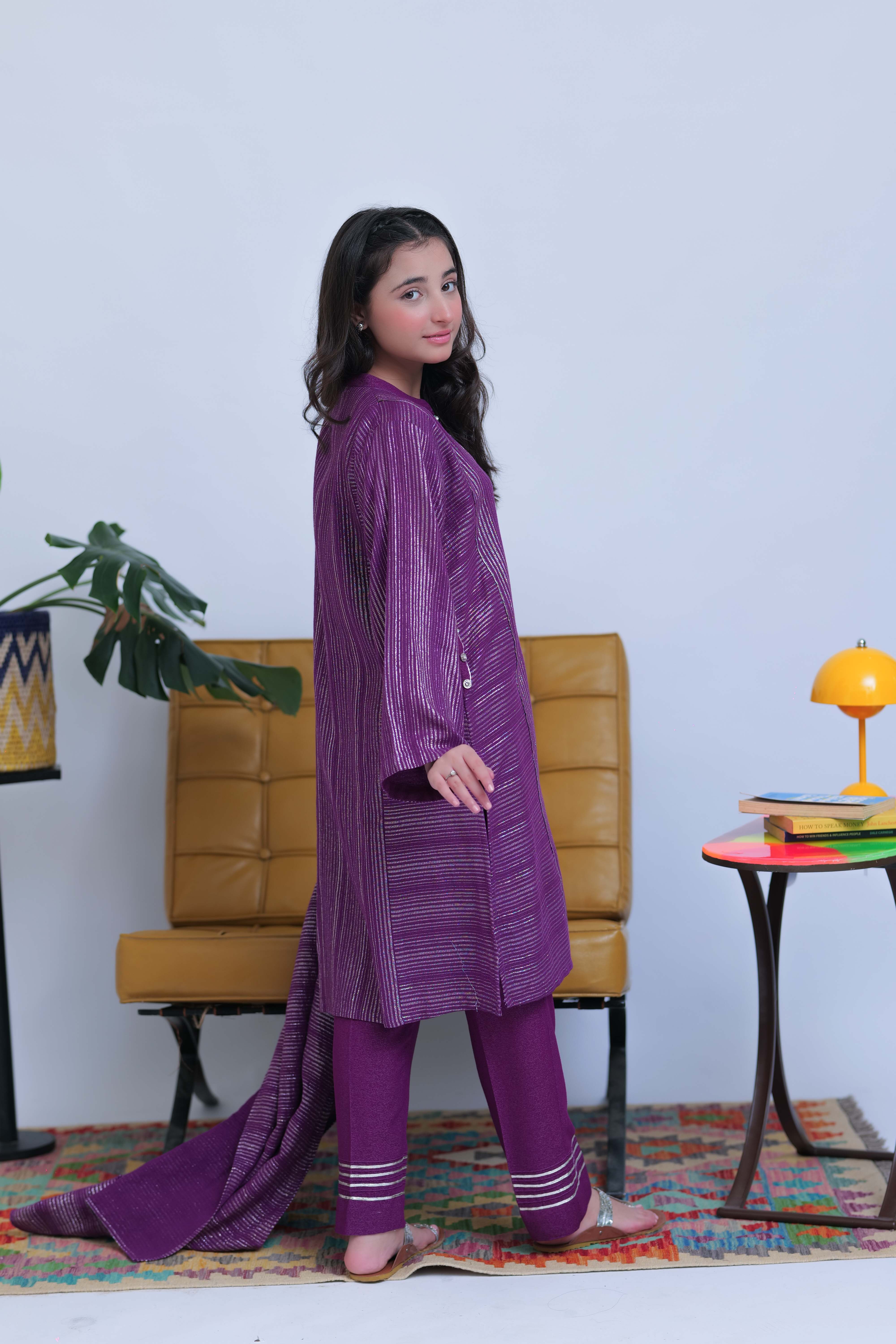 GAD-02830 | Purple & Silver | Casual 3 Piece Suit | Karandi Fabric Dobby Jacquard