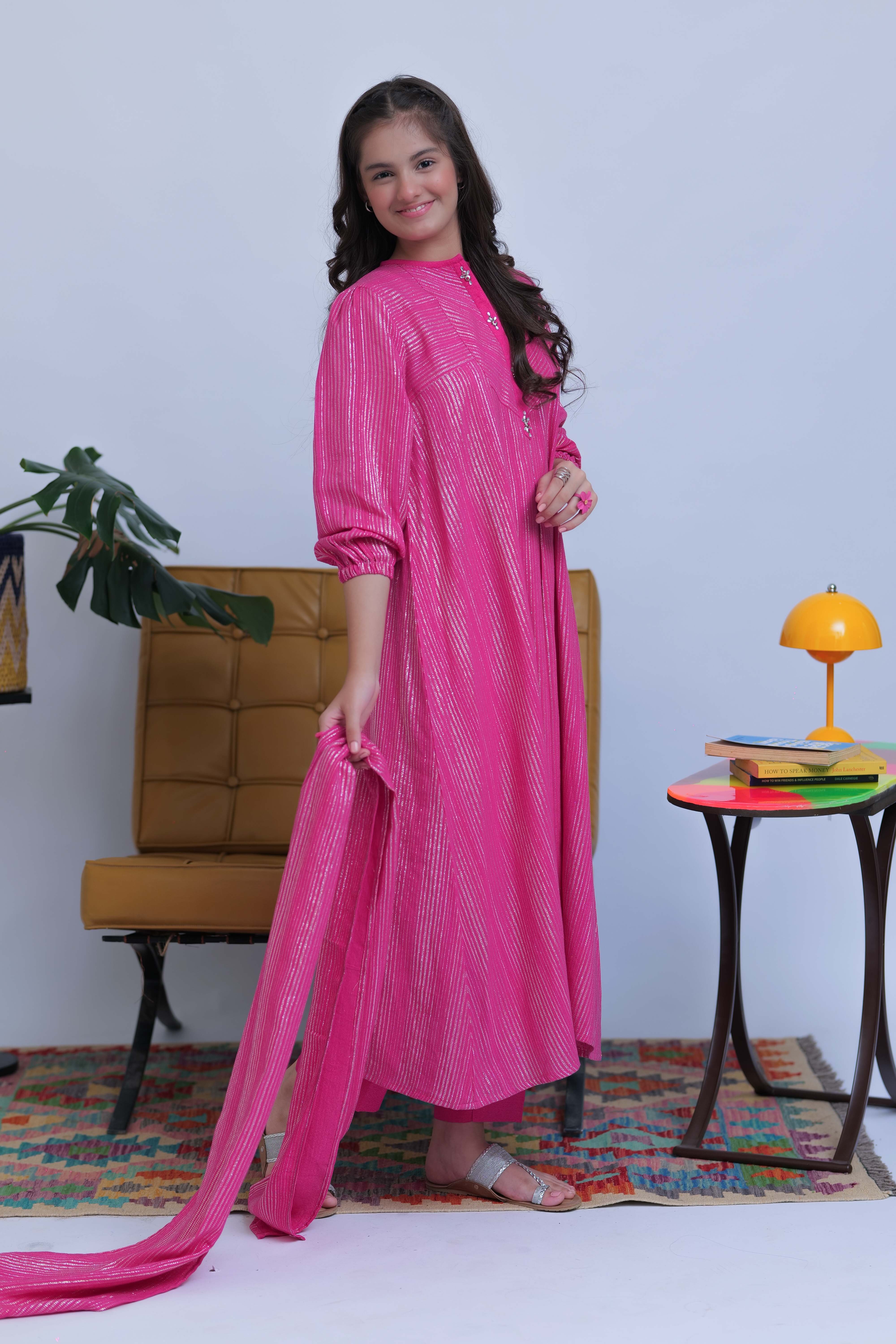 GAD-02831 | Shocking Pink & Silver | Casual 3 Piece Suit | Karandi Fabric Dobby Jacquard