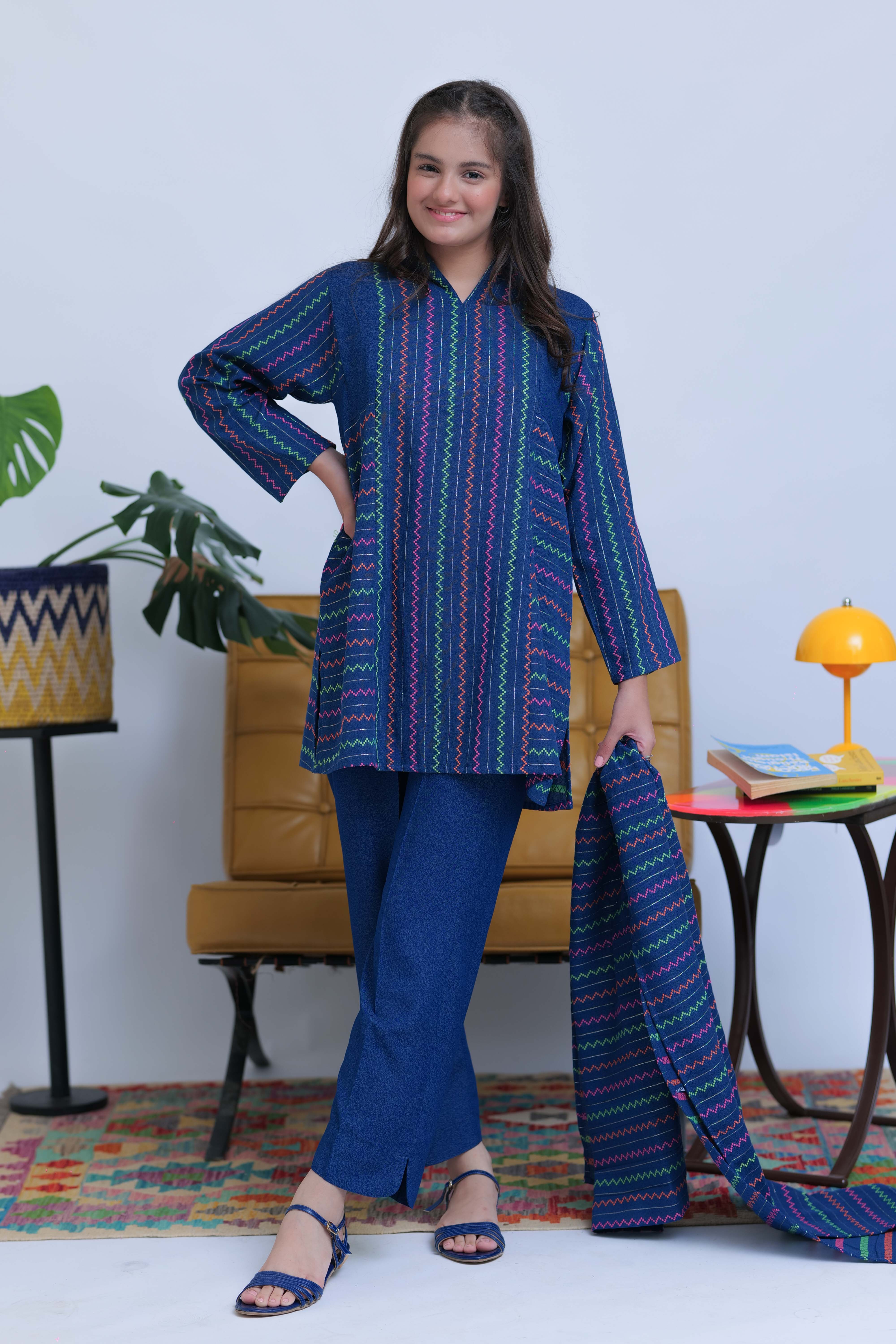 GAD-02832 | Blue & Multicolor | Casual 3 Piece Suit | Karandi Fabric Dobby Jacquard