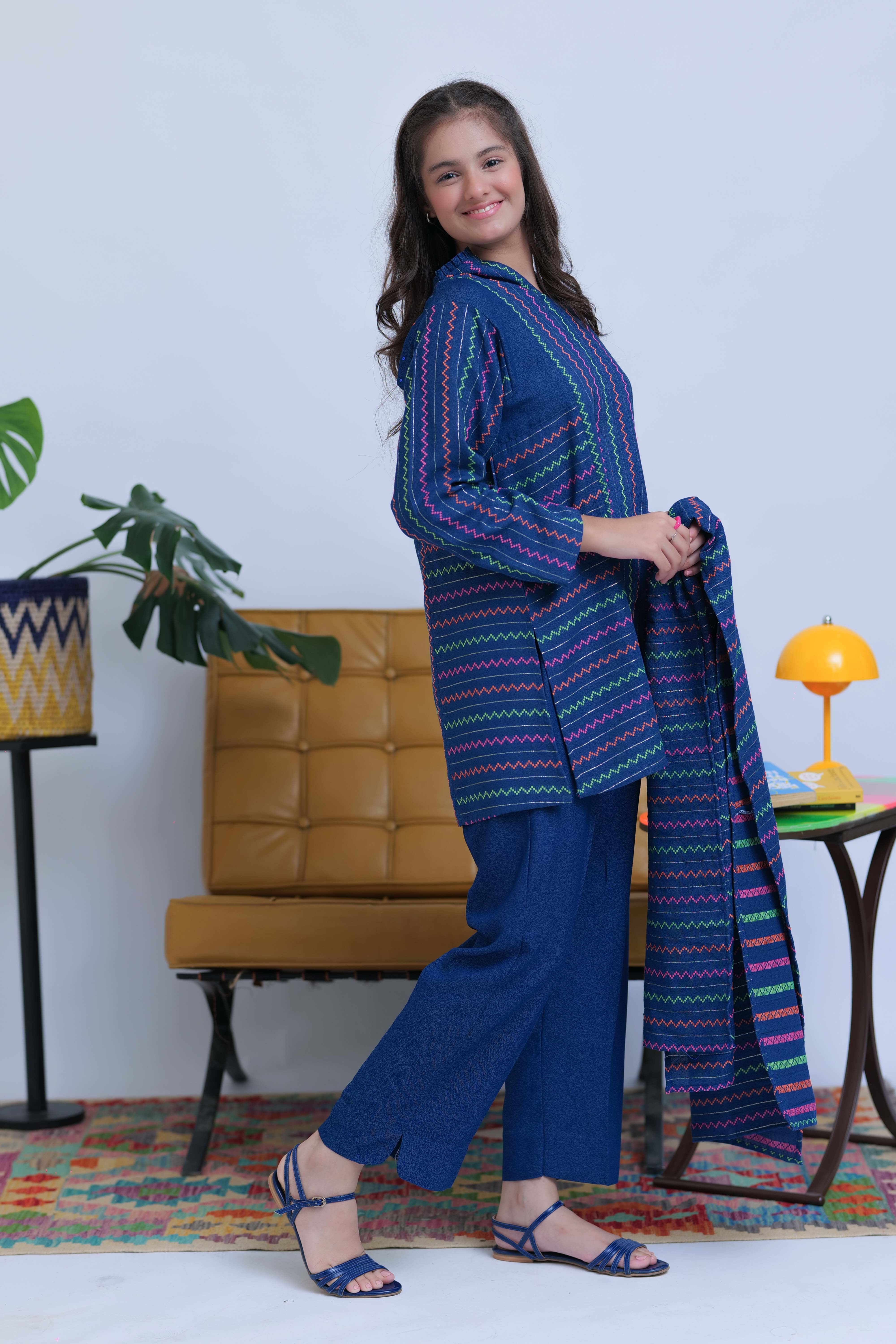 GAD-02832 | Blue & Multicolor | Casual 3 Piece Suit | Karandi Fabric Dobby Jacquard