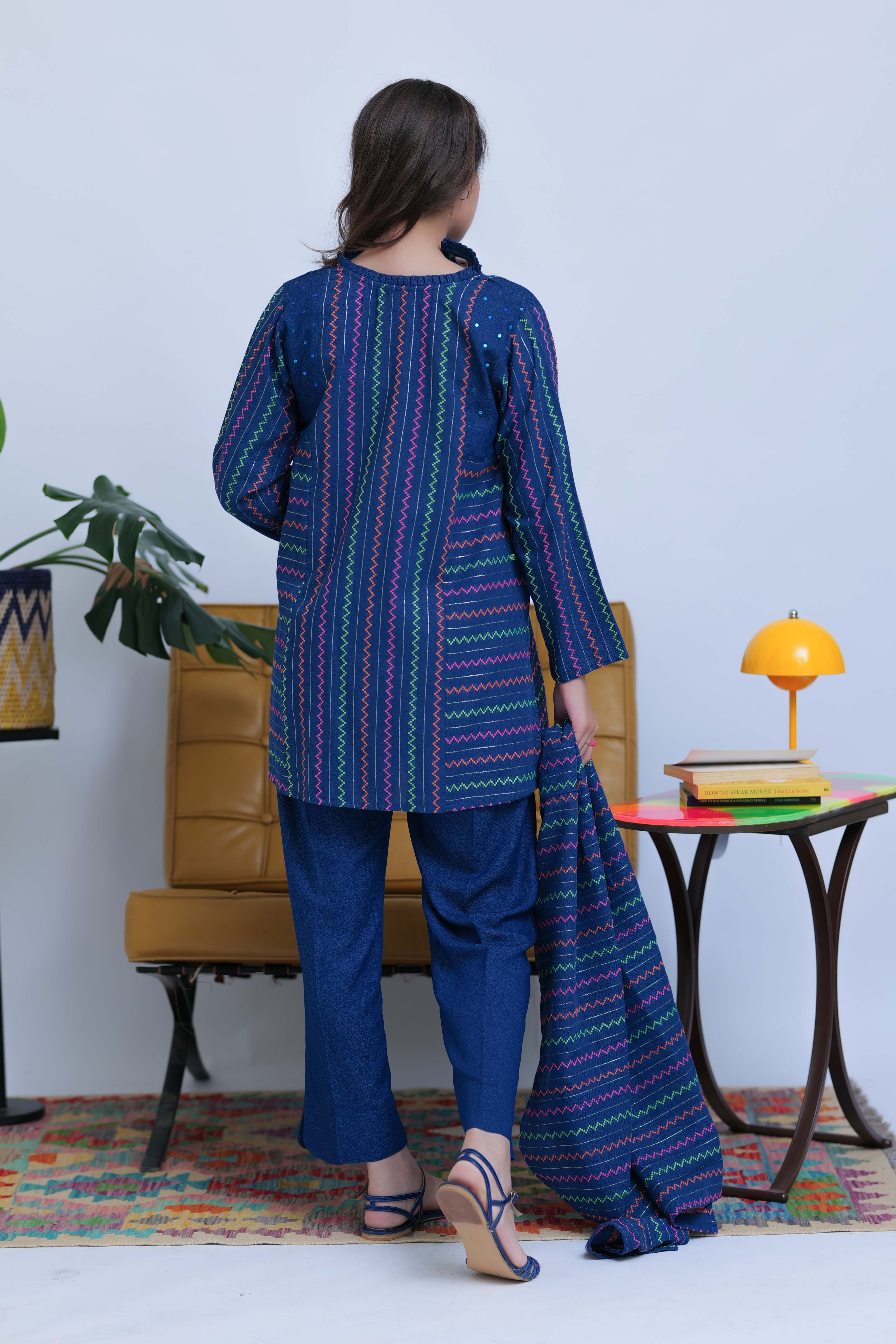 GAD-02832 | Blue & Multicolor | Casual 3 Piece Suit | Karandi Fabric Dobby Jacquard