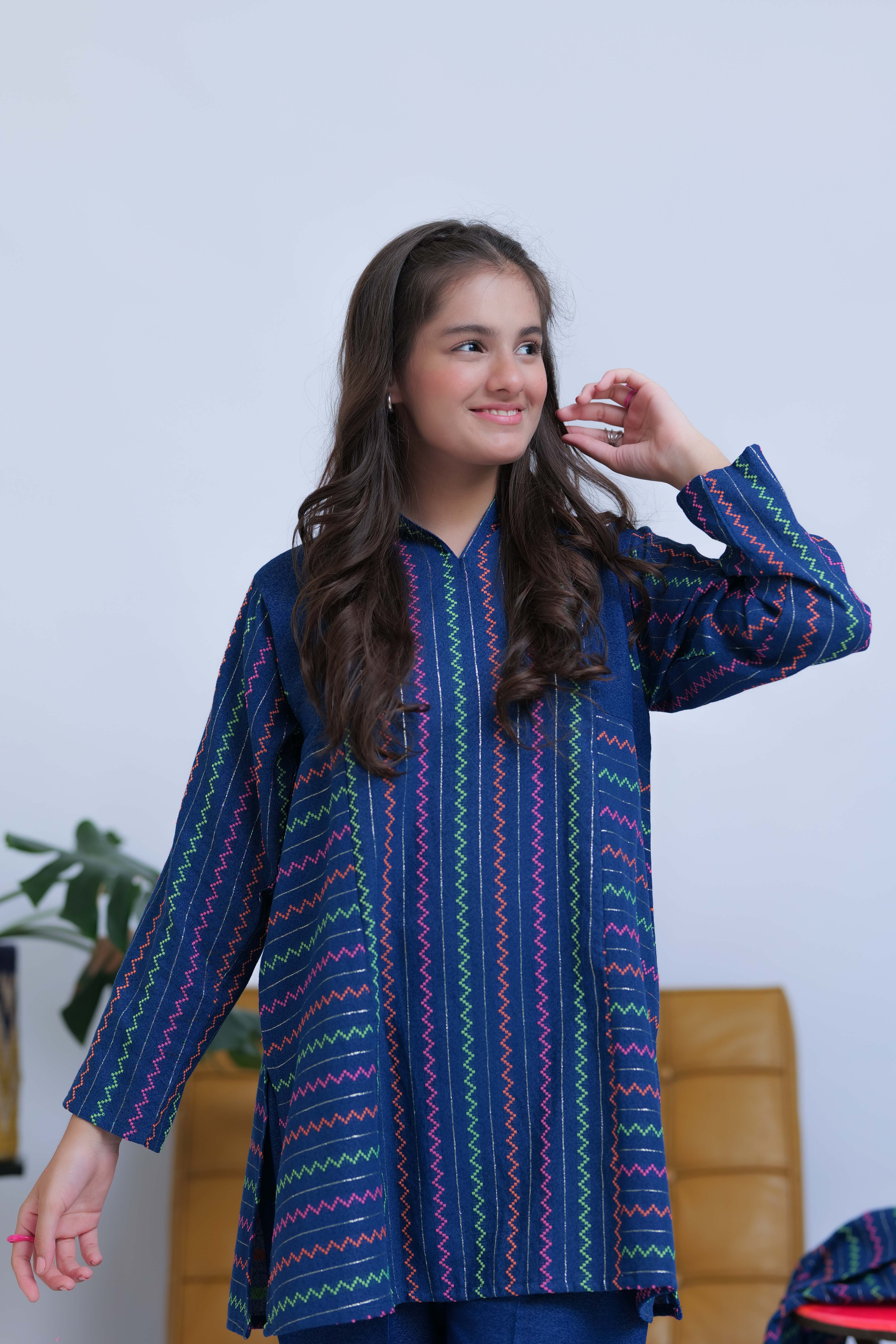 GAD-02832 | Blue & Multicolor | Casual 3 Piece Suit | Karandi Fabric Dobby Jacquard