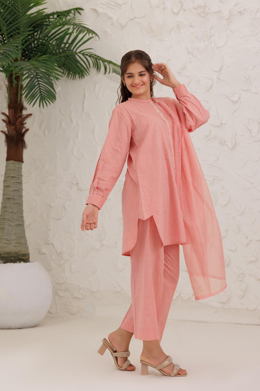 GAD-03029 | Peach & White | Casual 3 Piece Suit | Cotton Self Jacquard