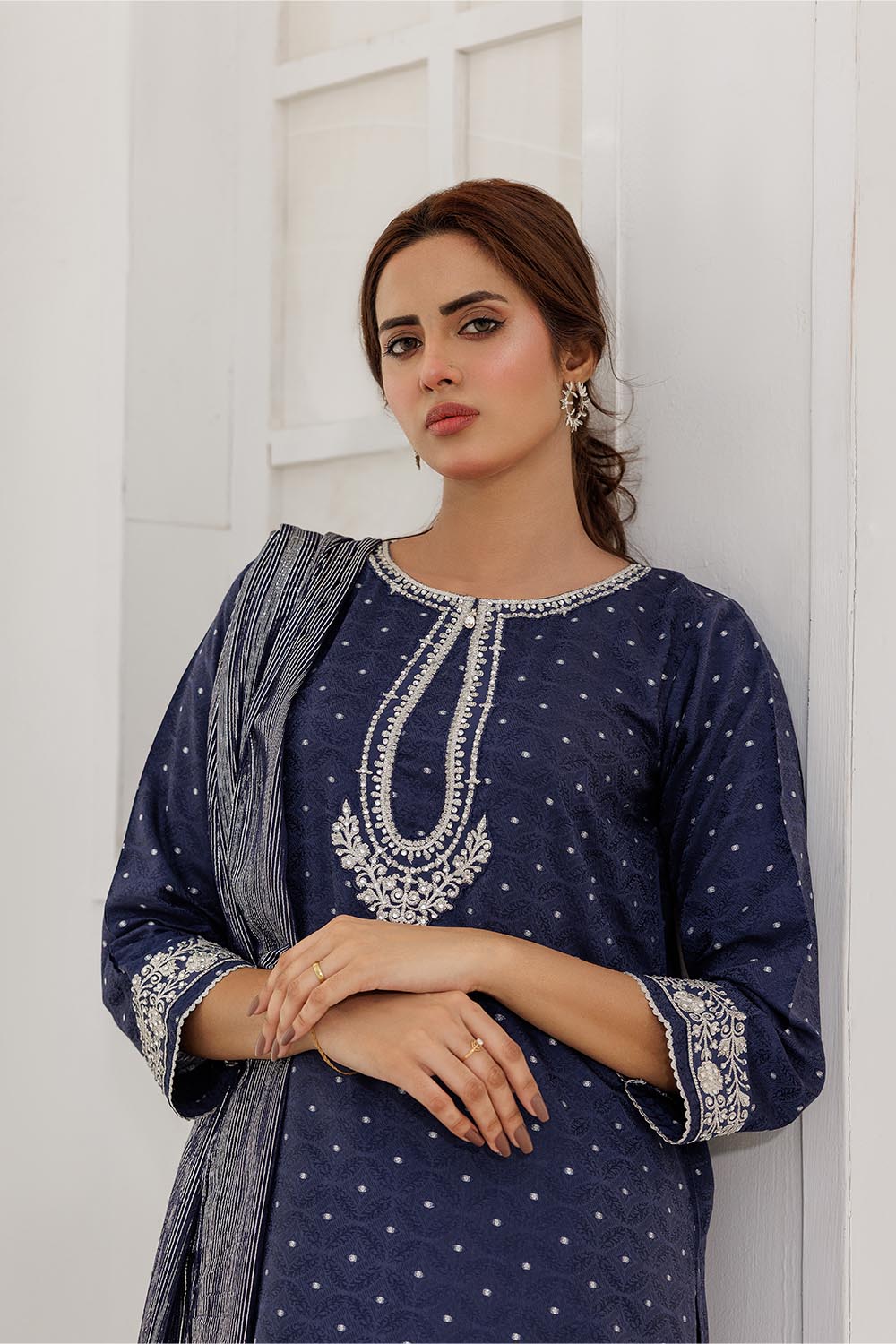 LBD-02867 | Blue & Silver | Casual Plus 3 Piece Suit | Cotton Viscose Filament Jacquard