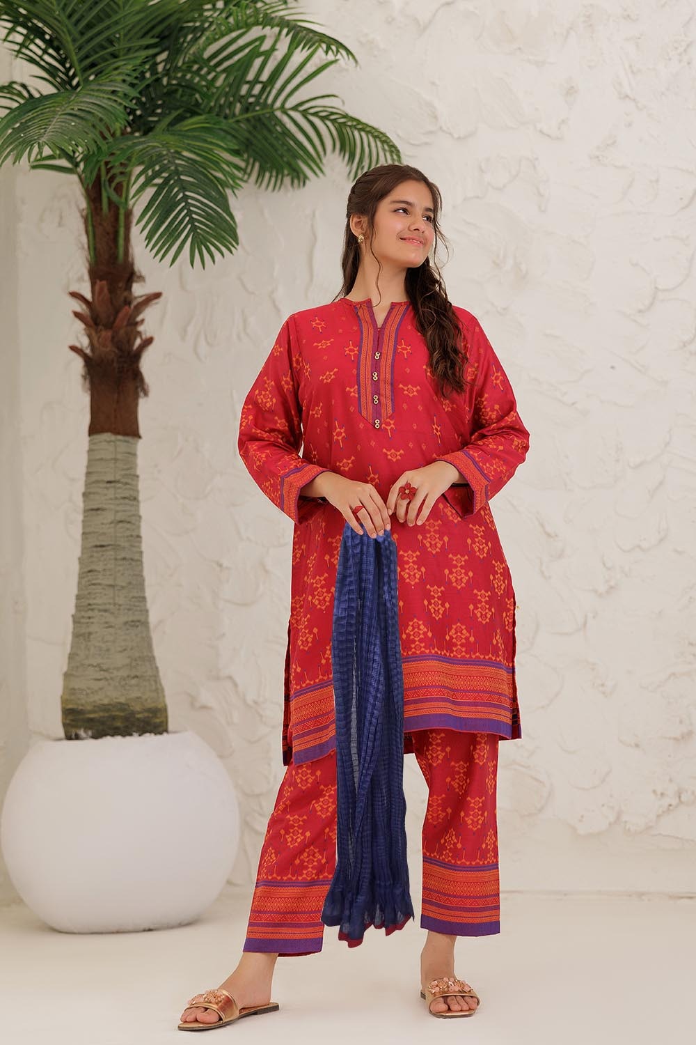 GAD-03061 | Red & Multicolor | Casual 3 Piece Suit | Cotton Jacquard