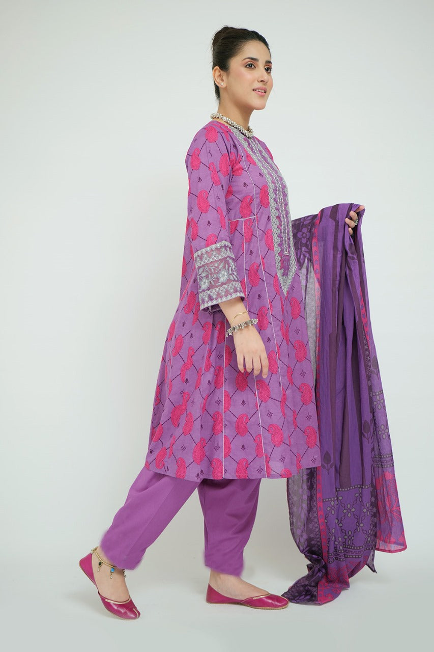 LAD-02705 | Purple & Multicolor | Casual 3 Piece Suit  | Cotton Lawn Printed