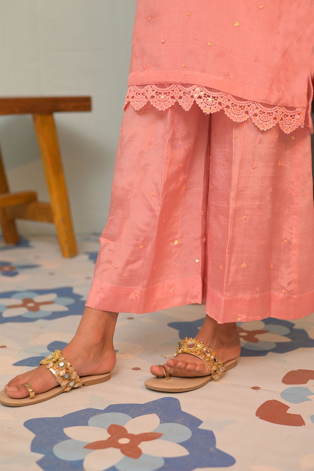 KDD-02950 | Peach & Gold | Formal 3 Piece Suit | Viscose Raw Silk