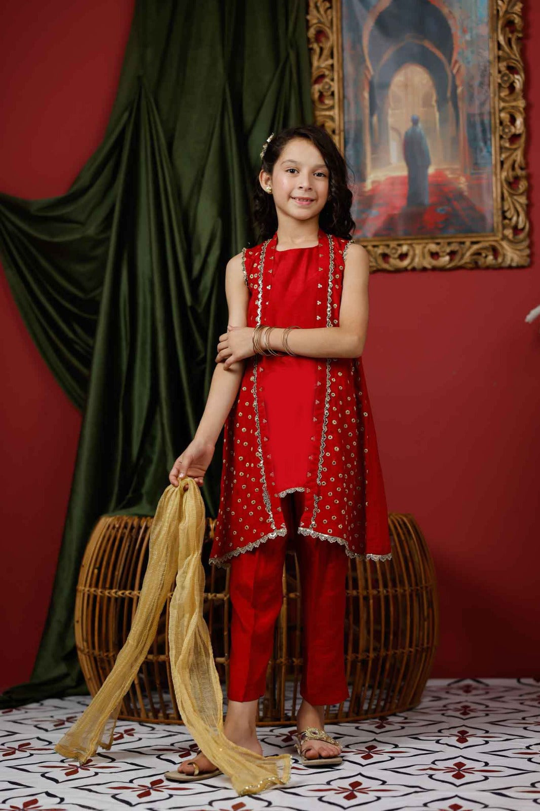 KDD-03017 | Red & Gold | Formal 3 Piece Suit | Viscose Raw Silk