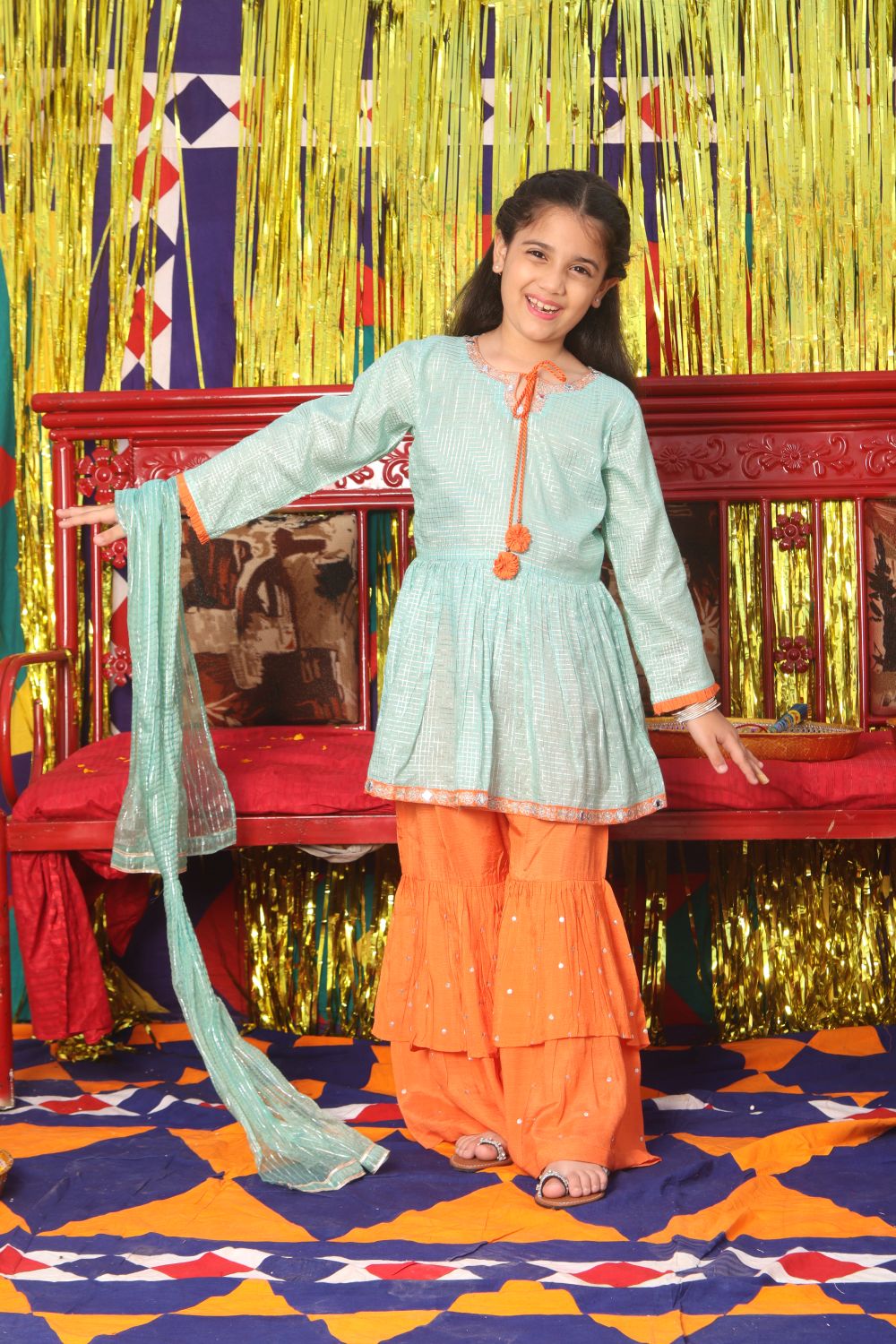 Formal 3 Piece Suit | Pure Banarsi  Viscose Checks | Sea Green & Orange | KDD-01812