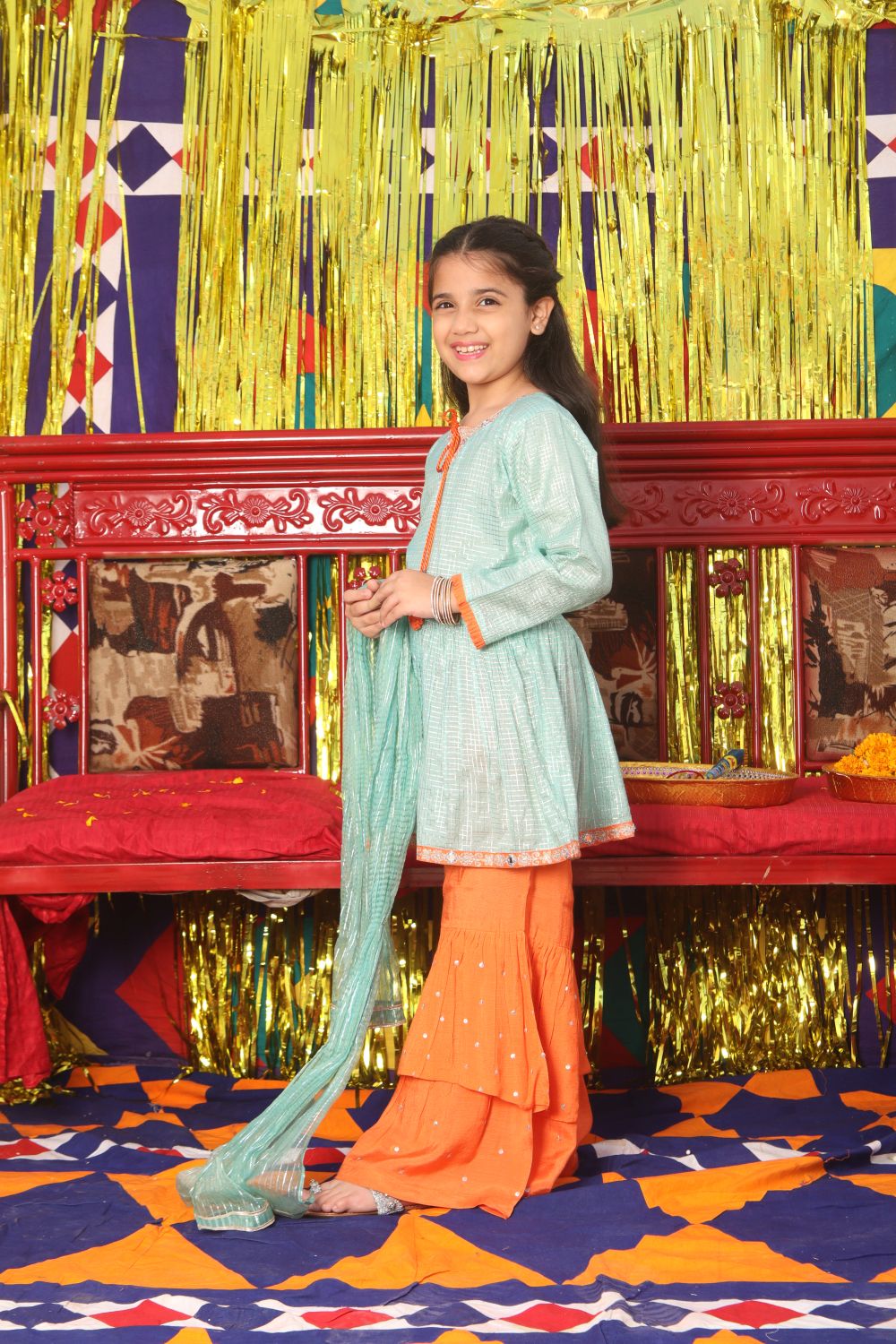 Formal 3 Piece Suit | Pure Banarsi  Viscose Checks | Sea Green & Orange | KDD-01812